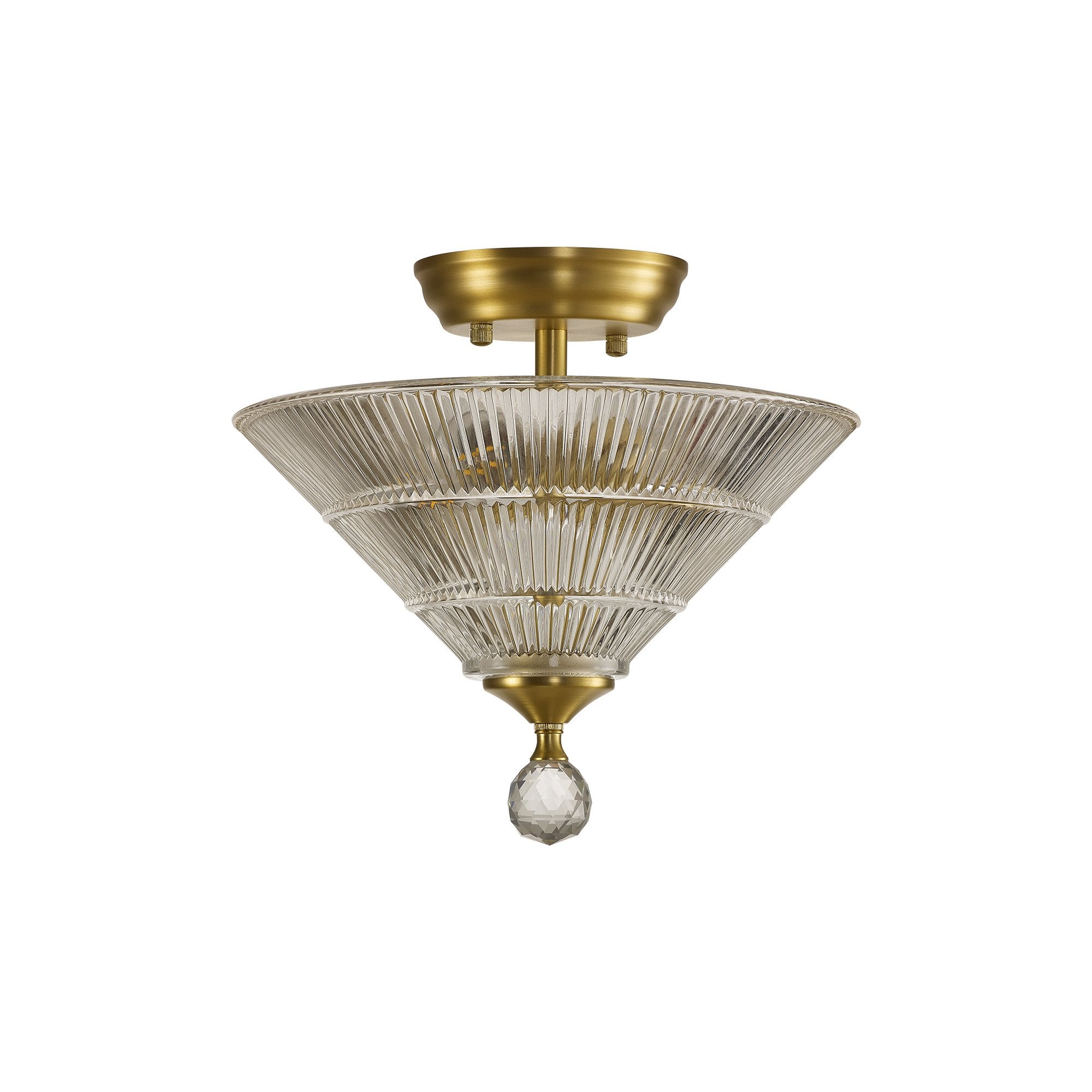 Fabula Mansfield 2 Light Semi-Flush Light - 30cm Cone Glass Shade - Satin Gold & Clear Glass