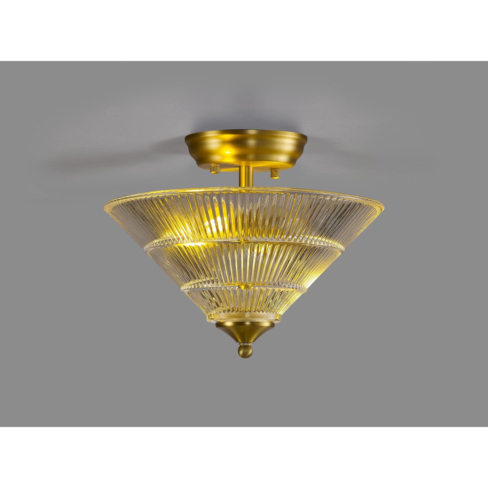 Fabula Mansfield 2 Light Semi-Flush Light - 30cm Cone Glass Shade - Satin Gold & Clear Glass