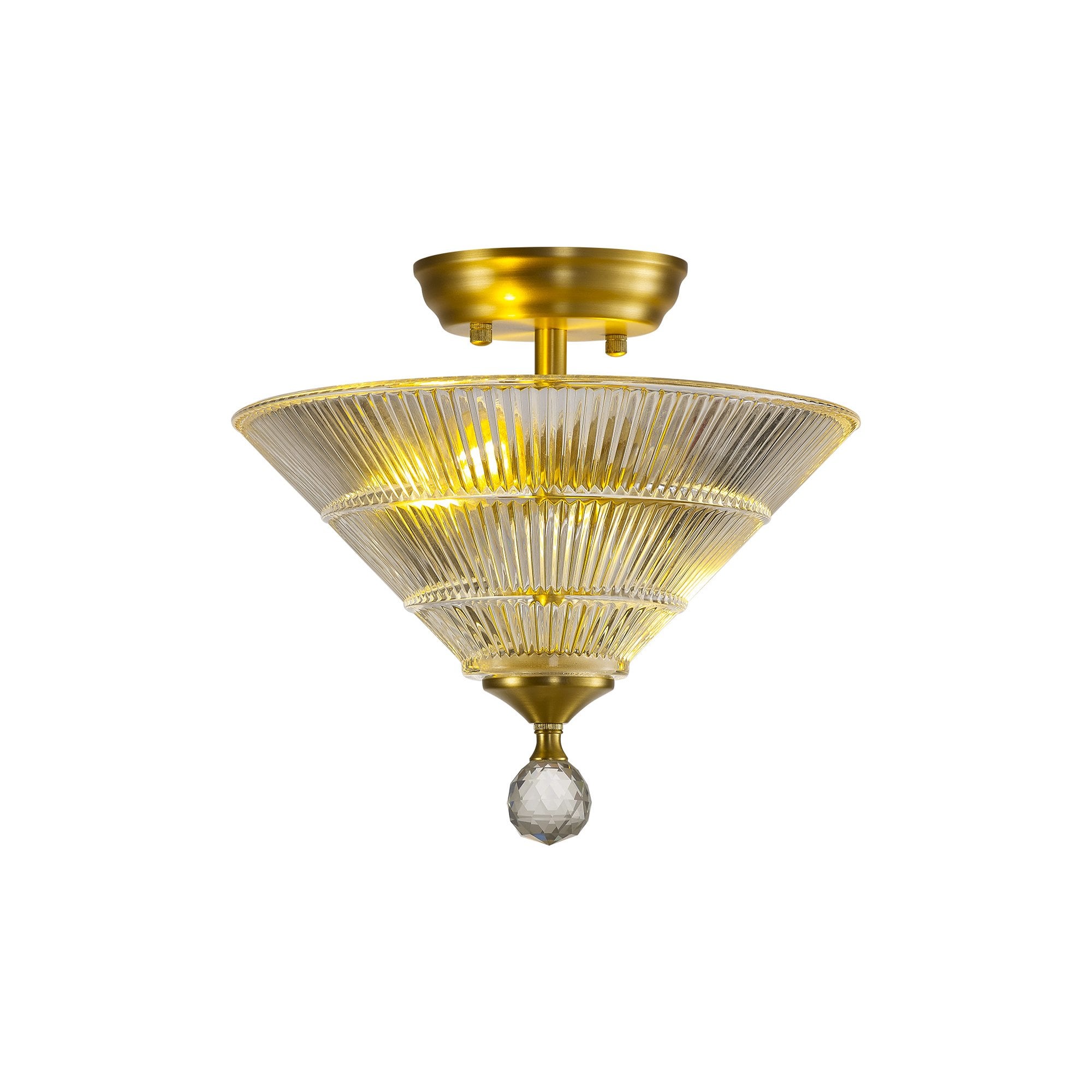 Fabula Mansfield 2 Light Semi-Flush Light - 30cm Cone Glass Shade - Satin Gold & Clear Glass