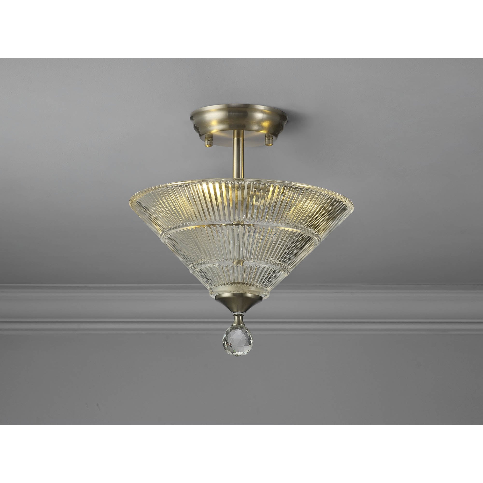 Fabula Mansfield 2 Light Semi-Flush Light - 30cm Cone Glass Shade - Satin Nickel & Clear Glass