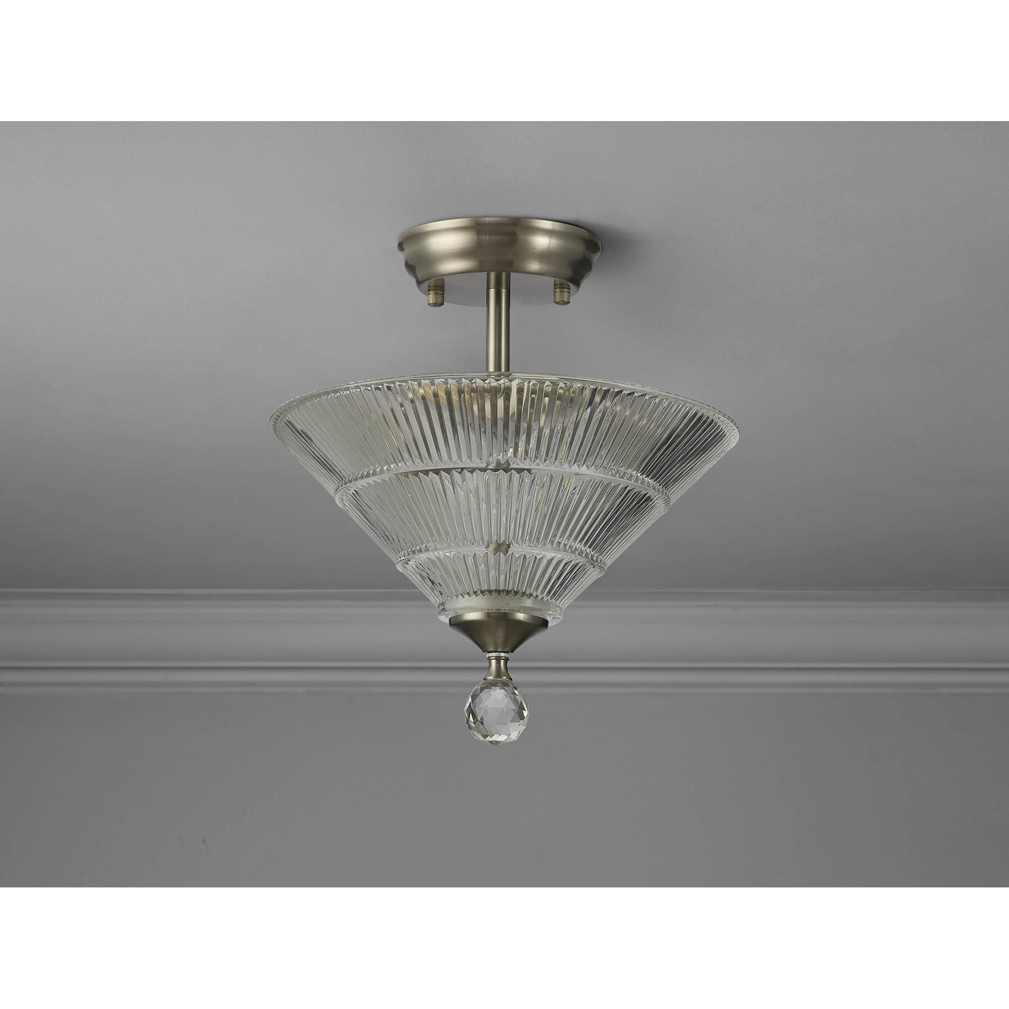 Fabula Mansfield 2 Light Semi-Flush Light - 30cm Cone Glass Shade - Satin Nickel & Clear Glass