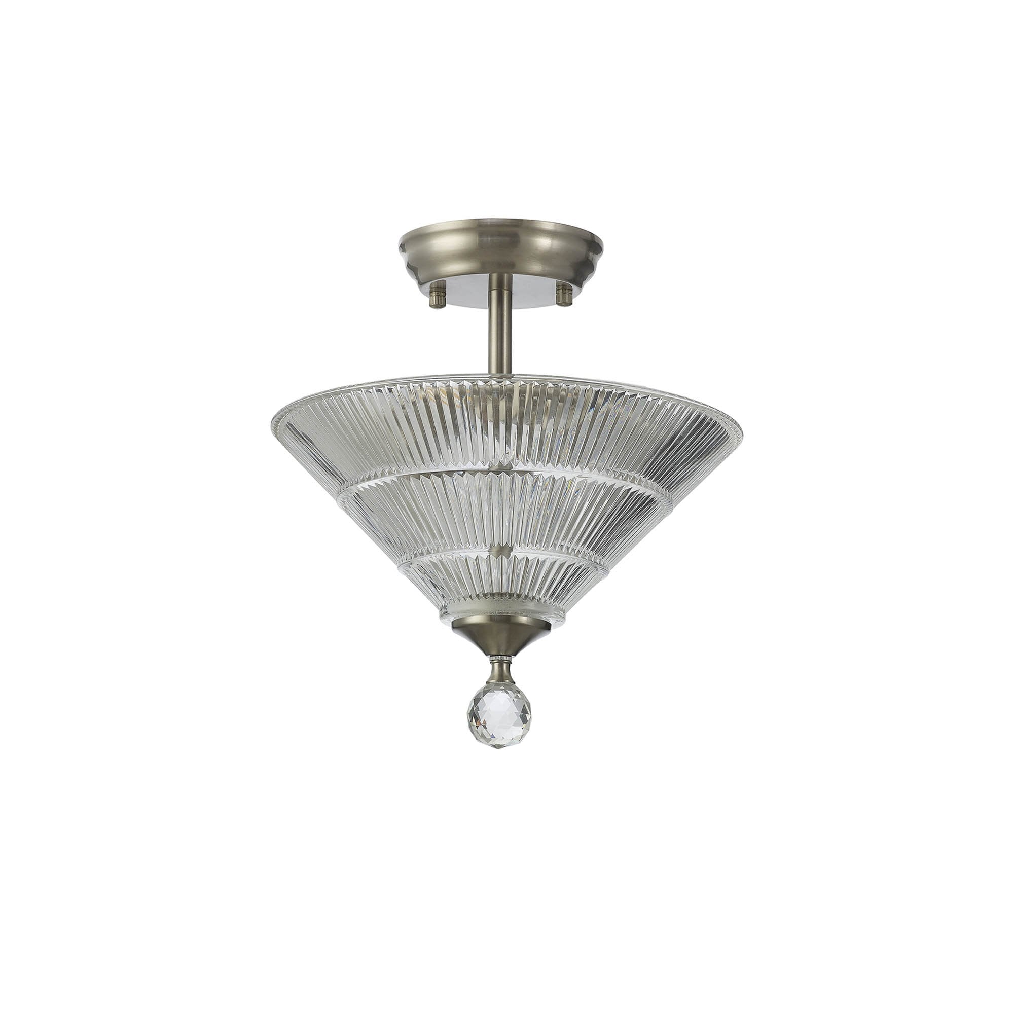Fabula Mansfield 2 Light Semi-Flush Light - 30cm Cone Glass Shade - Satin Nickel & Clear Glass