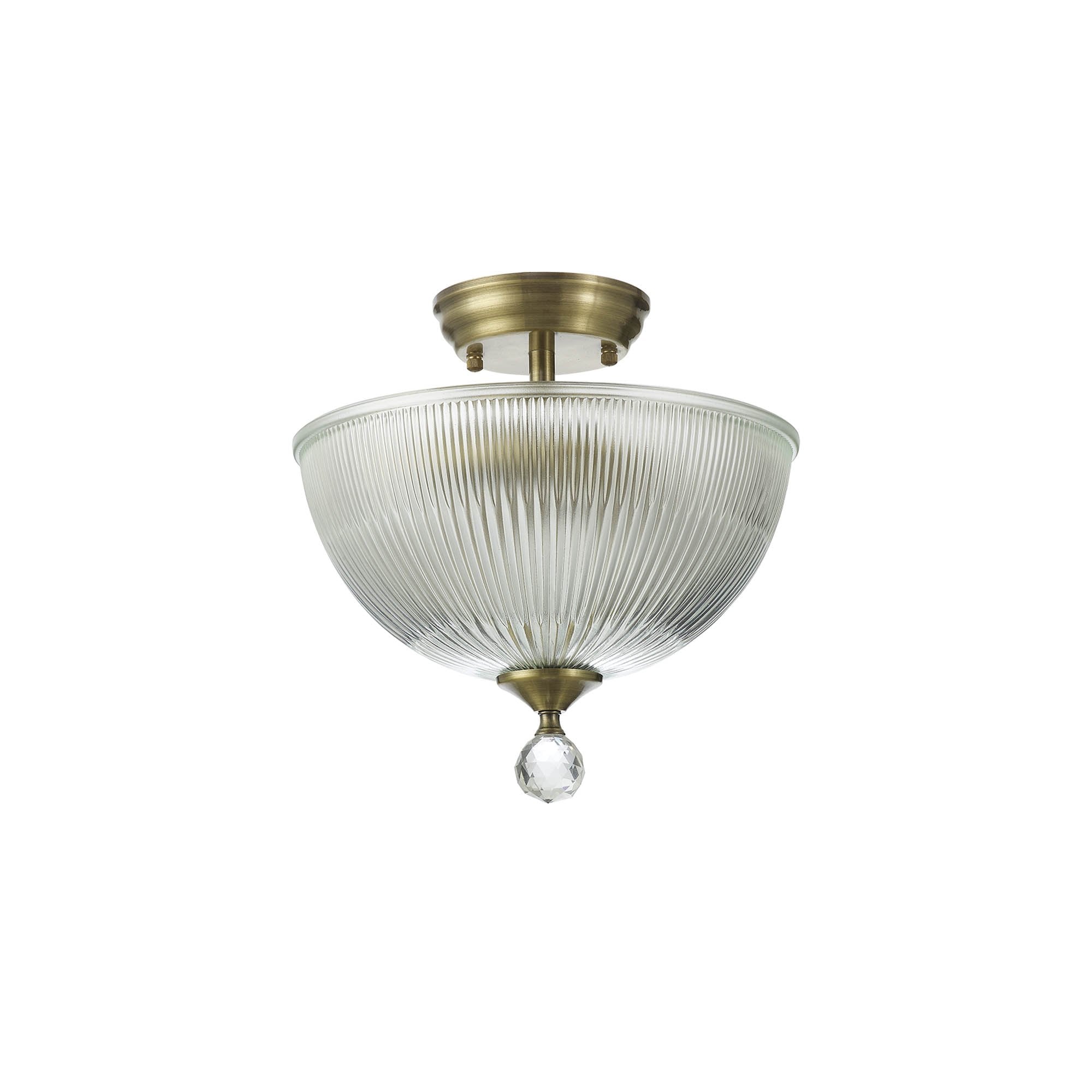 Fabula Mansfield 2 Light Semi-Flush Light - 30cm Dome Glass Shade - Antique Brass & Clear Glass