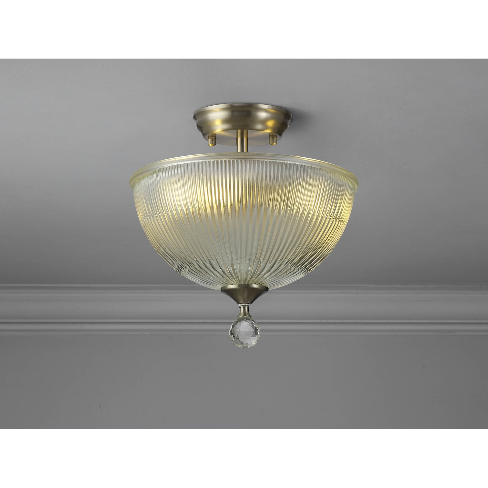 Fabula Mansfield 2 Light Semi-Flush Light - 30cm Dome Glass Shade - Satin Nickel & Clear Glass