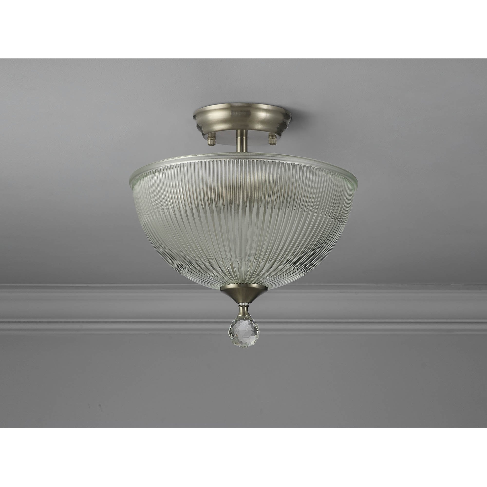 Fabula Mansfield 2 Light Semi-Flush Light - 30cm Dome Glass Shade - Satin Nickel & Clear Glass