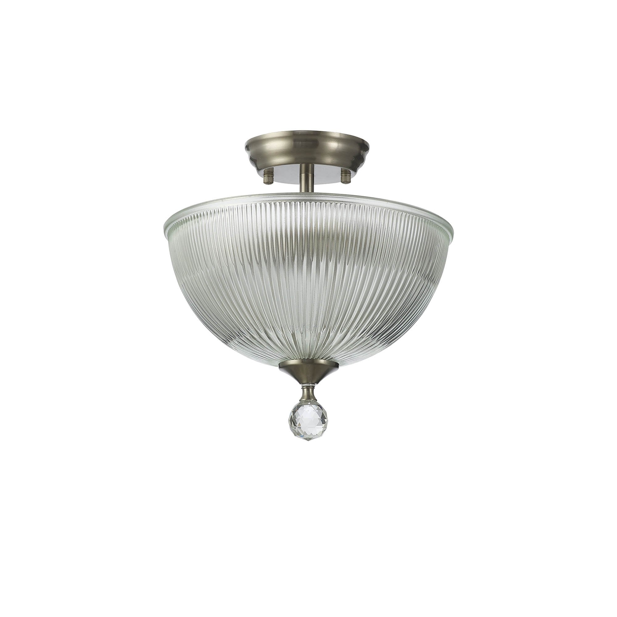 Fabula Mansfield 2 Light Semi-Flush Light - 30cm Dome Glass Shade - Satin Nickel & Clear Glass