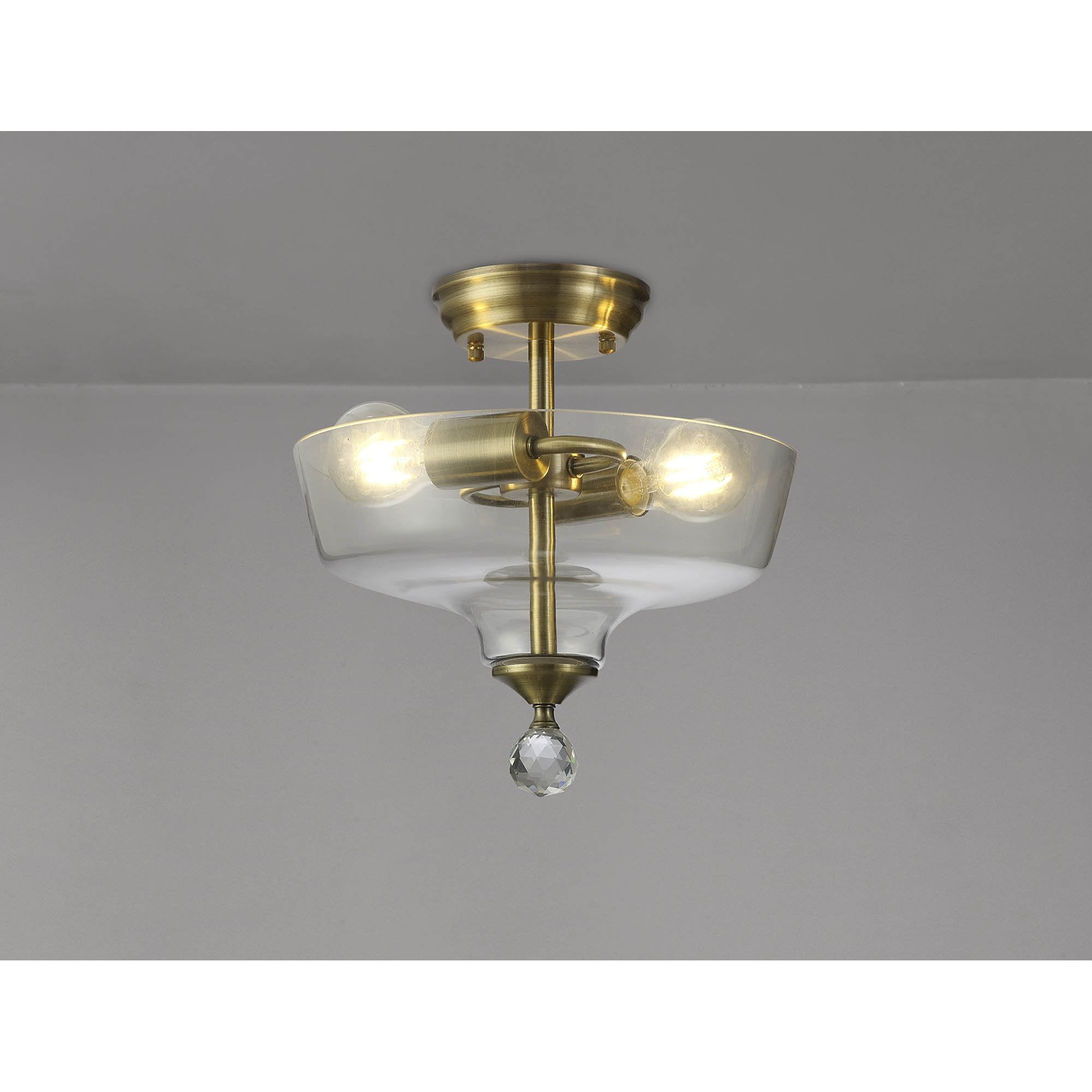 Fabula Mansfield 2 Light Semi-Flush Light - 30cm Flat Round Glass Shade - Antique Brass & Clear Glass