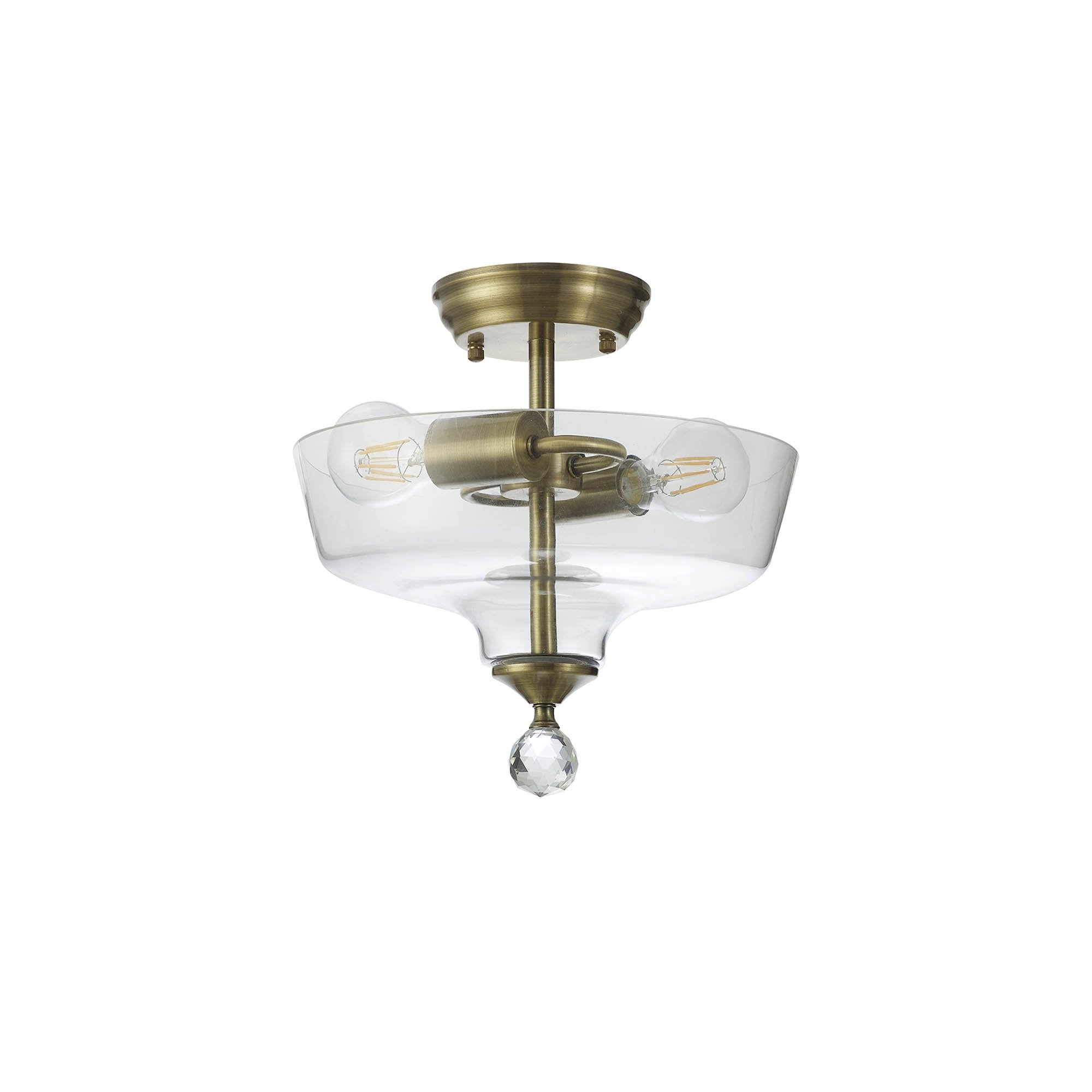 Fabula Mansfield 2 Light Semi-Flush Light - 30cm Flat Round Glass Shade - Antique Brass & Clear Glass