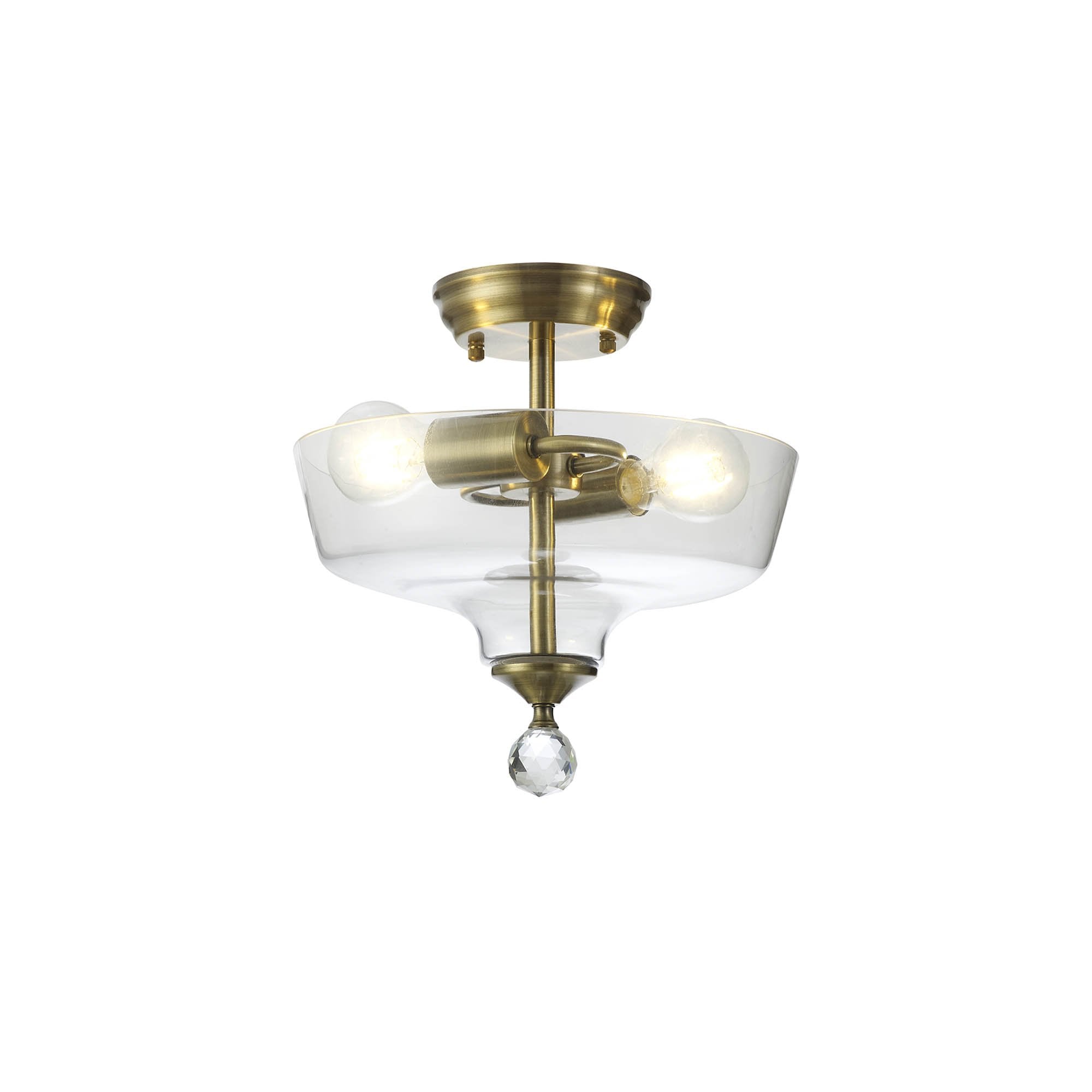 Fabula Mansfield 2 Light Semi-Flush Light - 30cm Flat Round Glass Shade - Antique Brass & Clear Glass