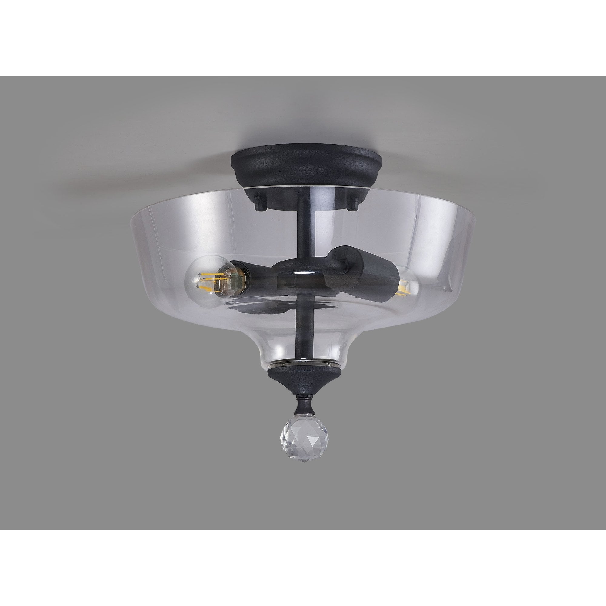 Fabula Mansfield 2 Light Semi-Flush Light - 30cm Flat Round Glass Shade - Graphite & Clear Glass