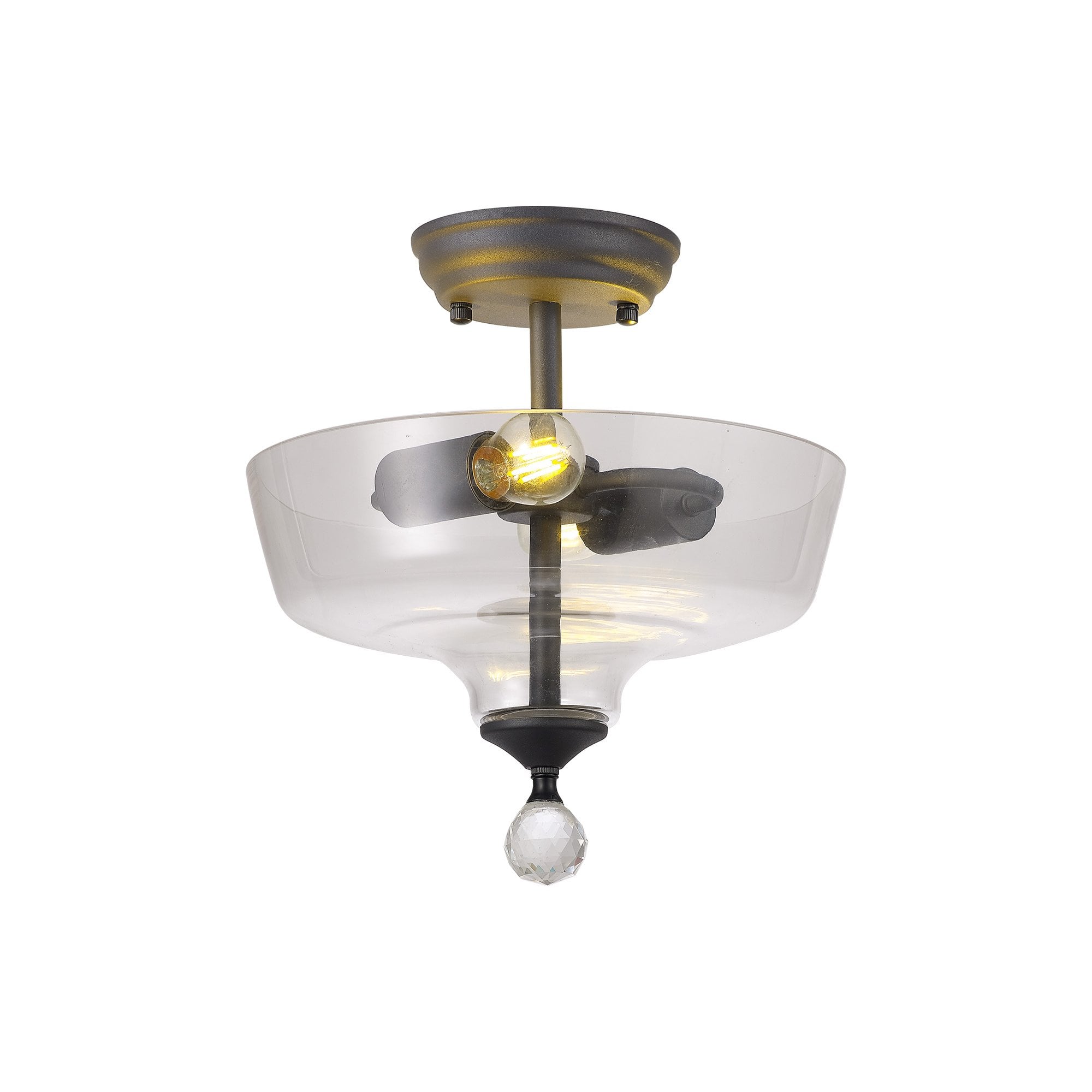 Fabula Mansfield 2 Light Semi-Flush Light - 30cm Flat Round Glass Shade - Graphite & Clear Glass