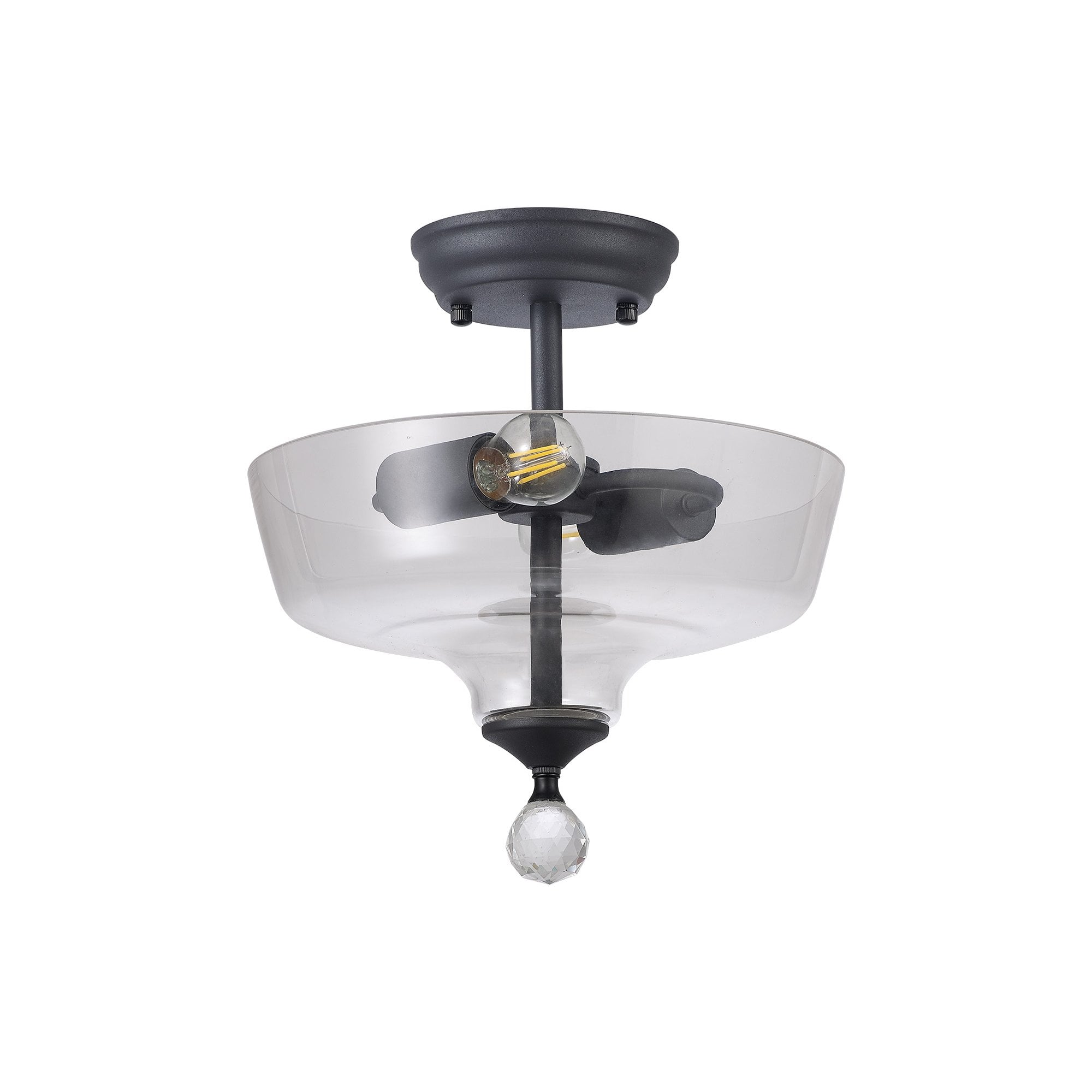 Fabula Mansfield 2 Light Semi-Flush Light - 30cm Flat Round Glass Shade - Graphite & Clear Glass