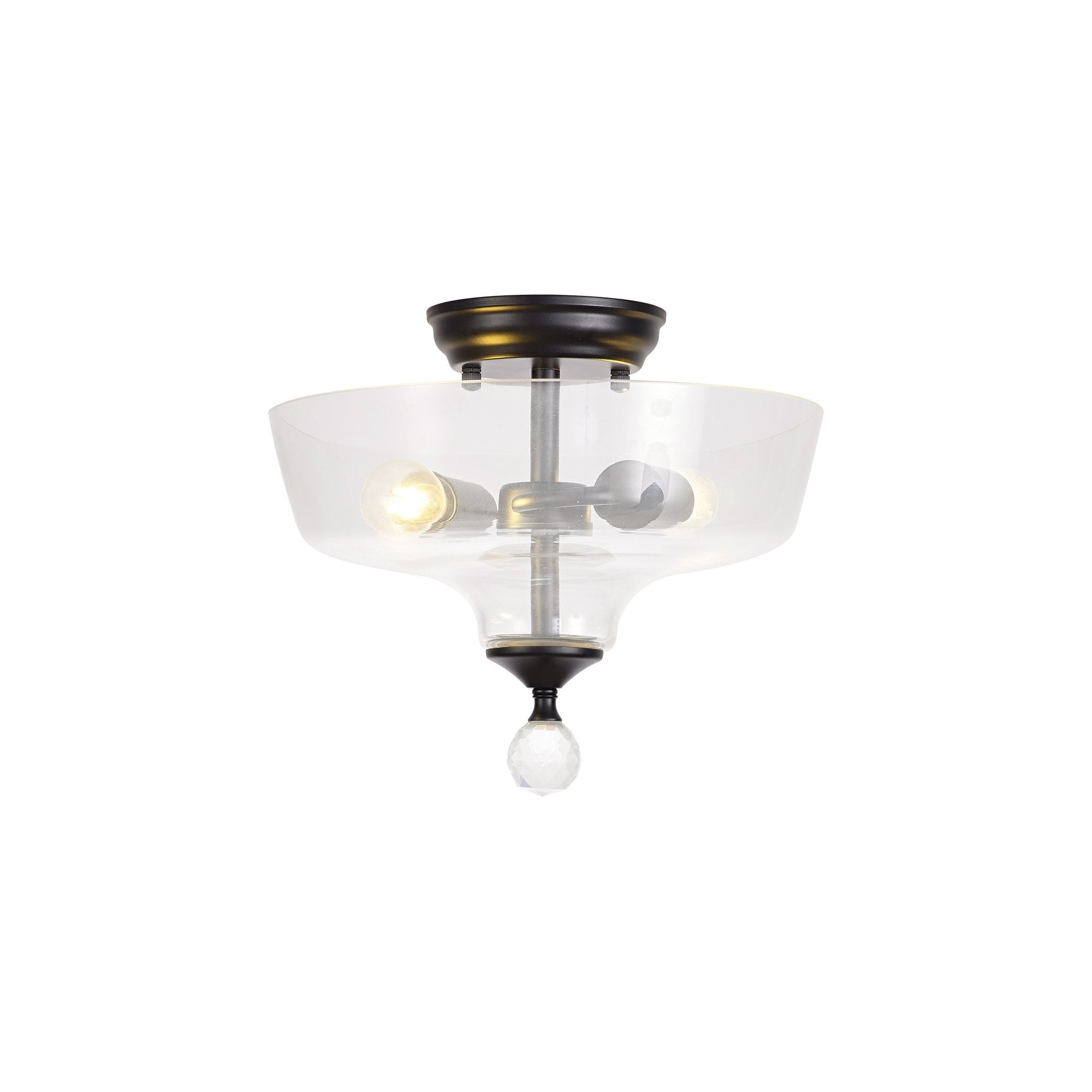 Fabula Mansfield 2 Light Semi-Flush Light - 30cm Flat Round Glass Shade - Matt Black & Clear Glass