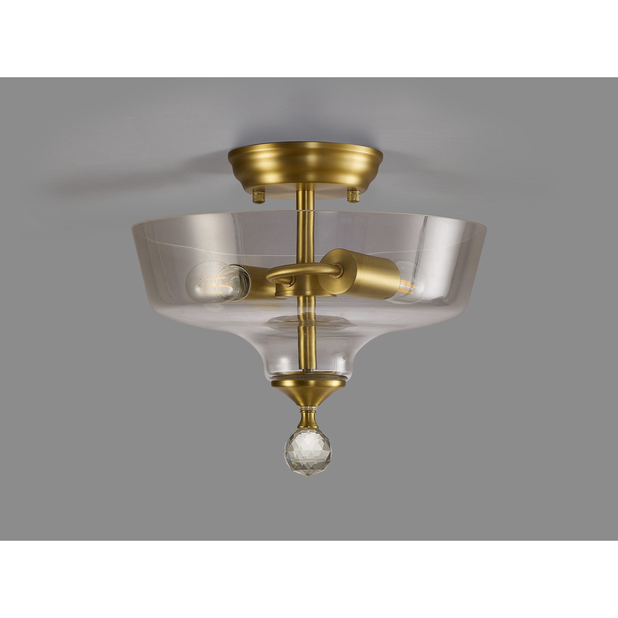 Fabula Mansfield 2 Light Semi-Flush Light - 30cm Flat Round Glass Shade - Satin Gold & Clear Glass