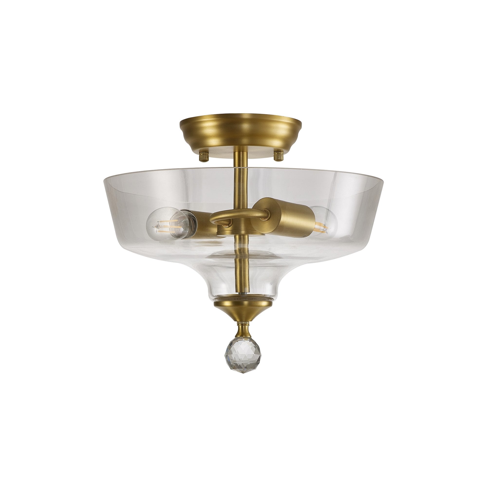 Fabula Mansfield 2 Light Semi-Flush Light - 30cm Flat Round Glass Shade - Satin Gold & Clear Glass