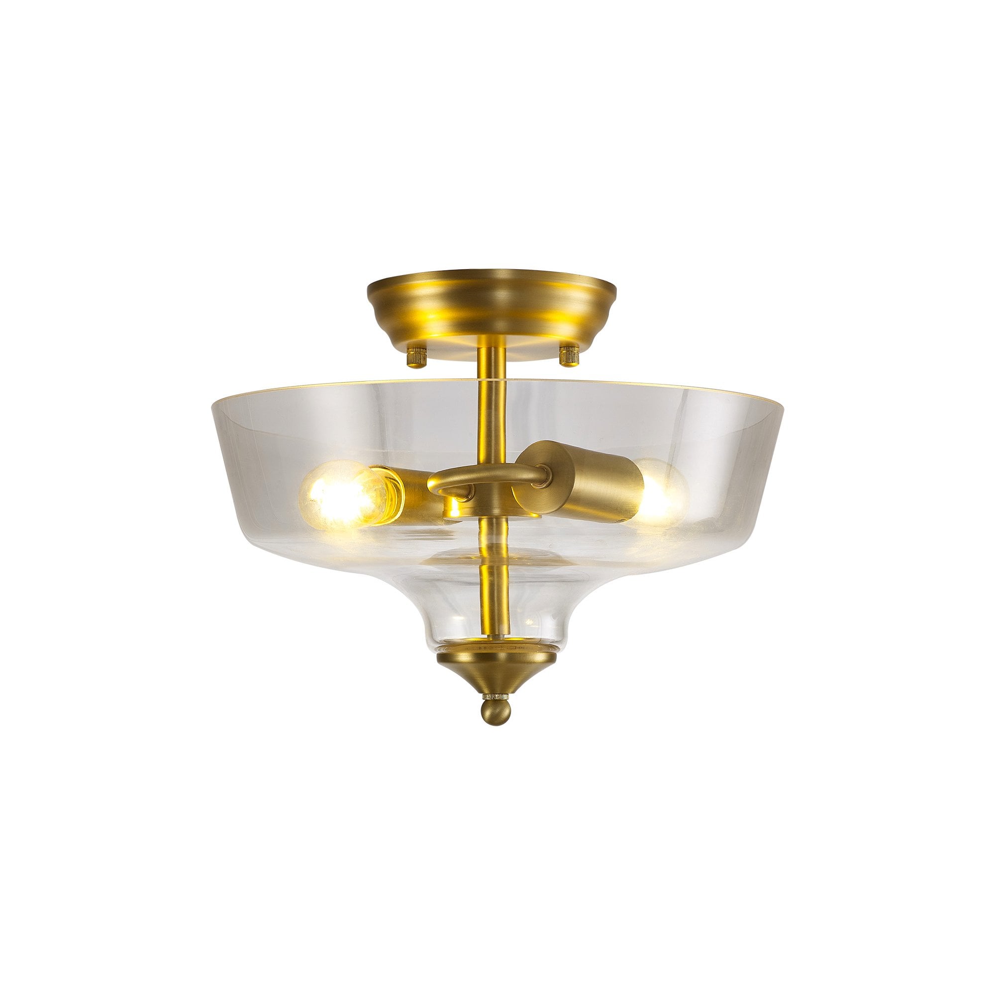 Fabula Mansfield 2 Light Semi-Flush Light - 30cm Flat Round Glass Shade - Satin Gold & Clear Glass