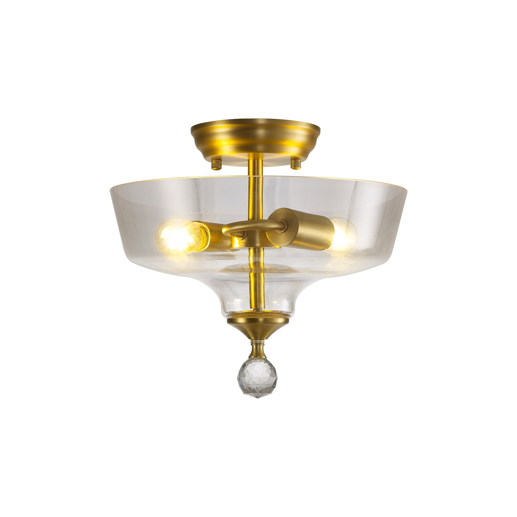 Fabula Mansfield 2 Light Semi-Flush Light - 30cm Flat Round Glass Shade - Satin Gold & Clear Glass