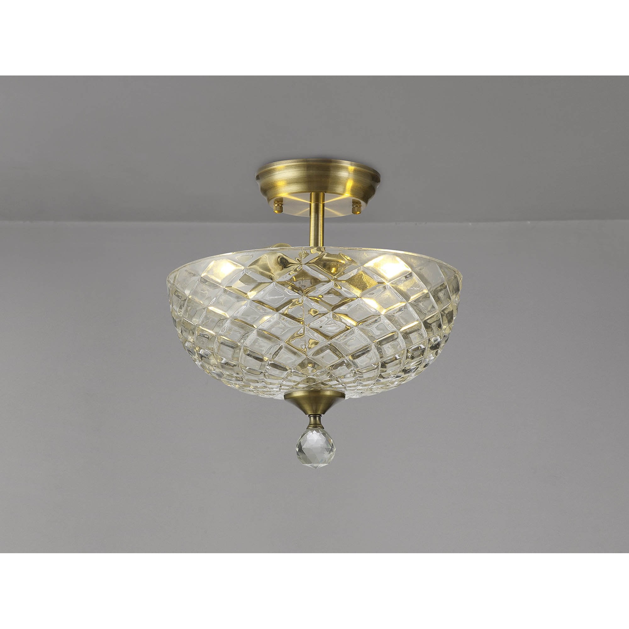 Fabula Mansfield 2 Light Semi-Flush Light - 30cm Flat Round Patterned Glass Shade - Antique Brass & Clear Glass
