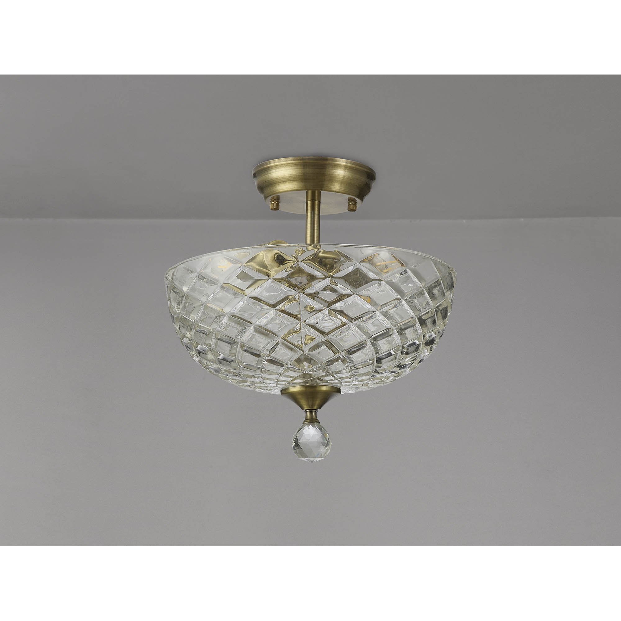 Fabula Mansfield 2 Light Semi-Flush Light - 30cm Flat Round Patterned Glass Shade - Antique Brass & Clear Glass