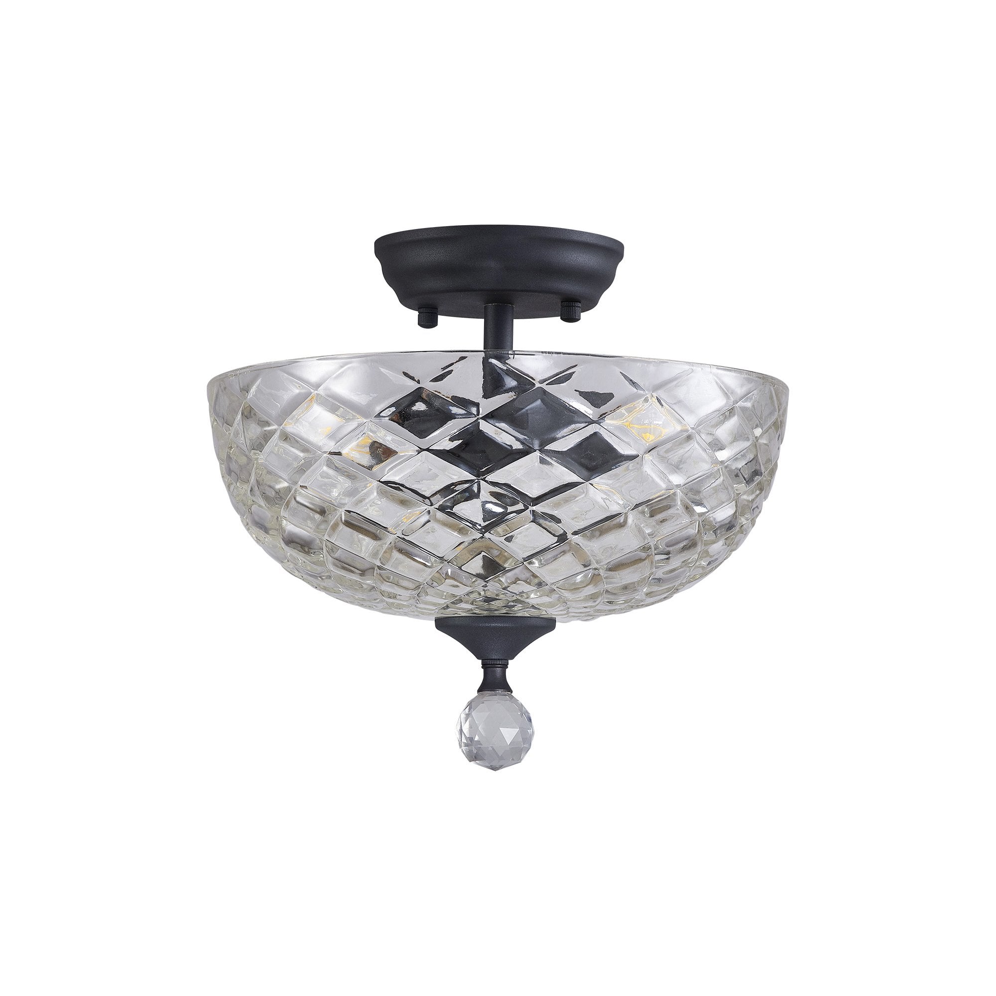 Fabula Mansfield 2 Light Semi-Flush Light - 30cm Flat Round Patterned Glass Shade - Graphite & Clear Glass