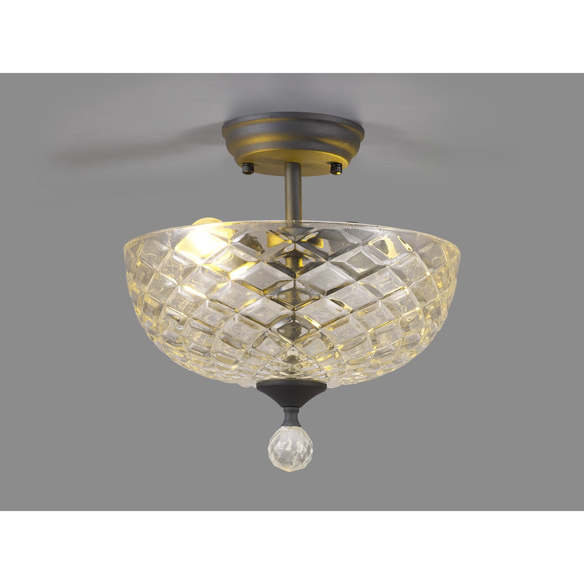 Fabula Mansfield 2 Light Semi-Flush Light - 30cm Flat Round Patterned Glass Shade - Graphite & Clear Glass
