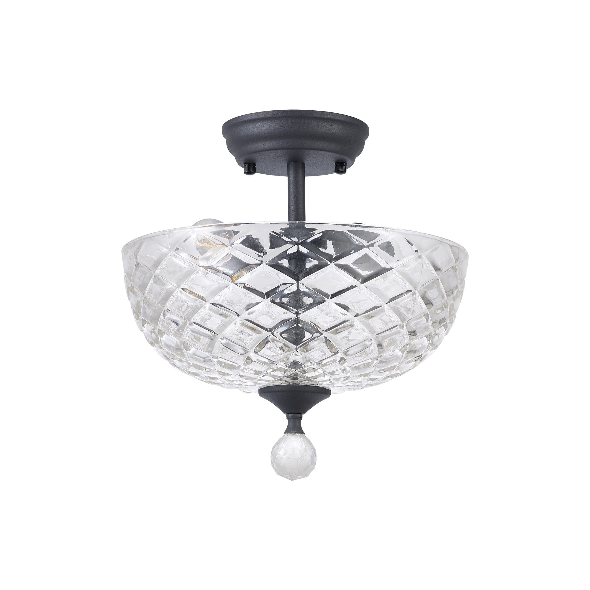 Fabula Mansfield 2 Light Semi-Flush Light - 30cm Flat Round Patterned Glass Shade - Graphite & Clear Glass