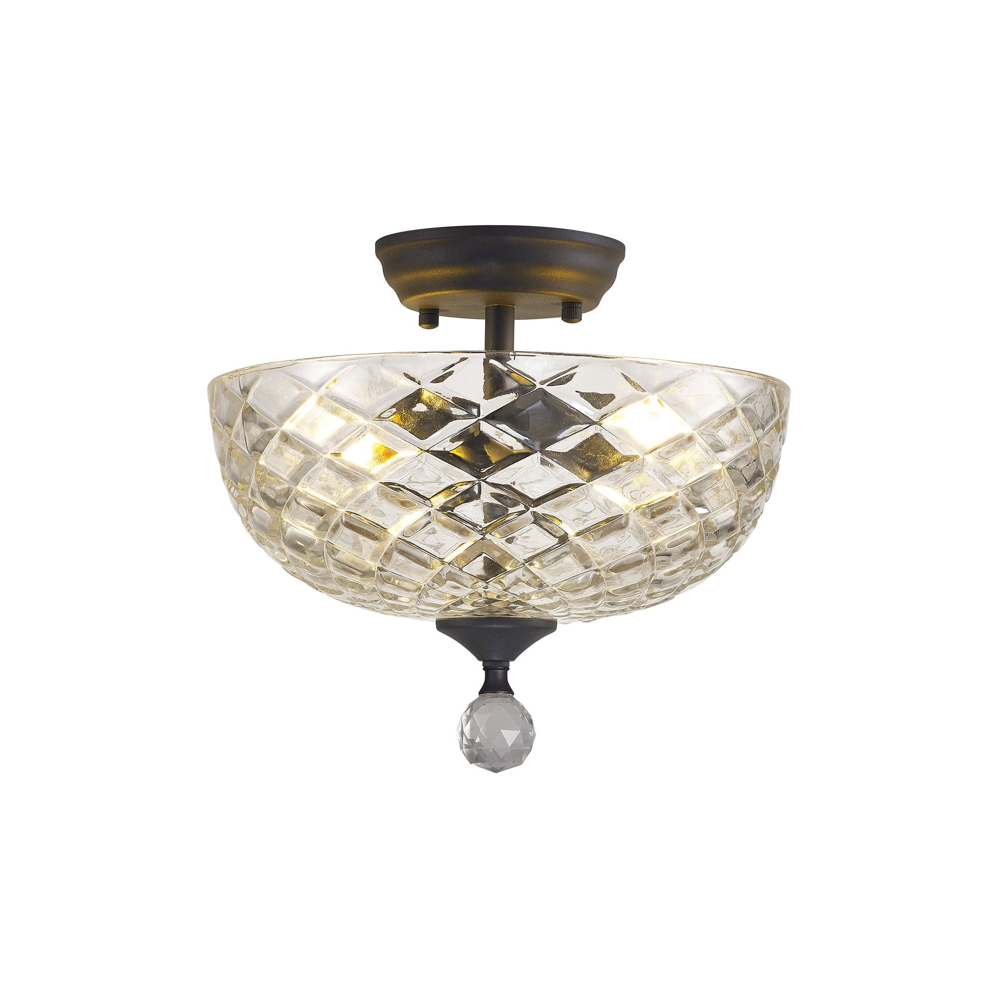Fabula Mansfield 2 Light Semi-Flush Light - 30cm Flat Round Patterned Glass Shade - Graphite & Clear Glass
