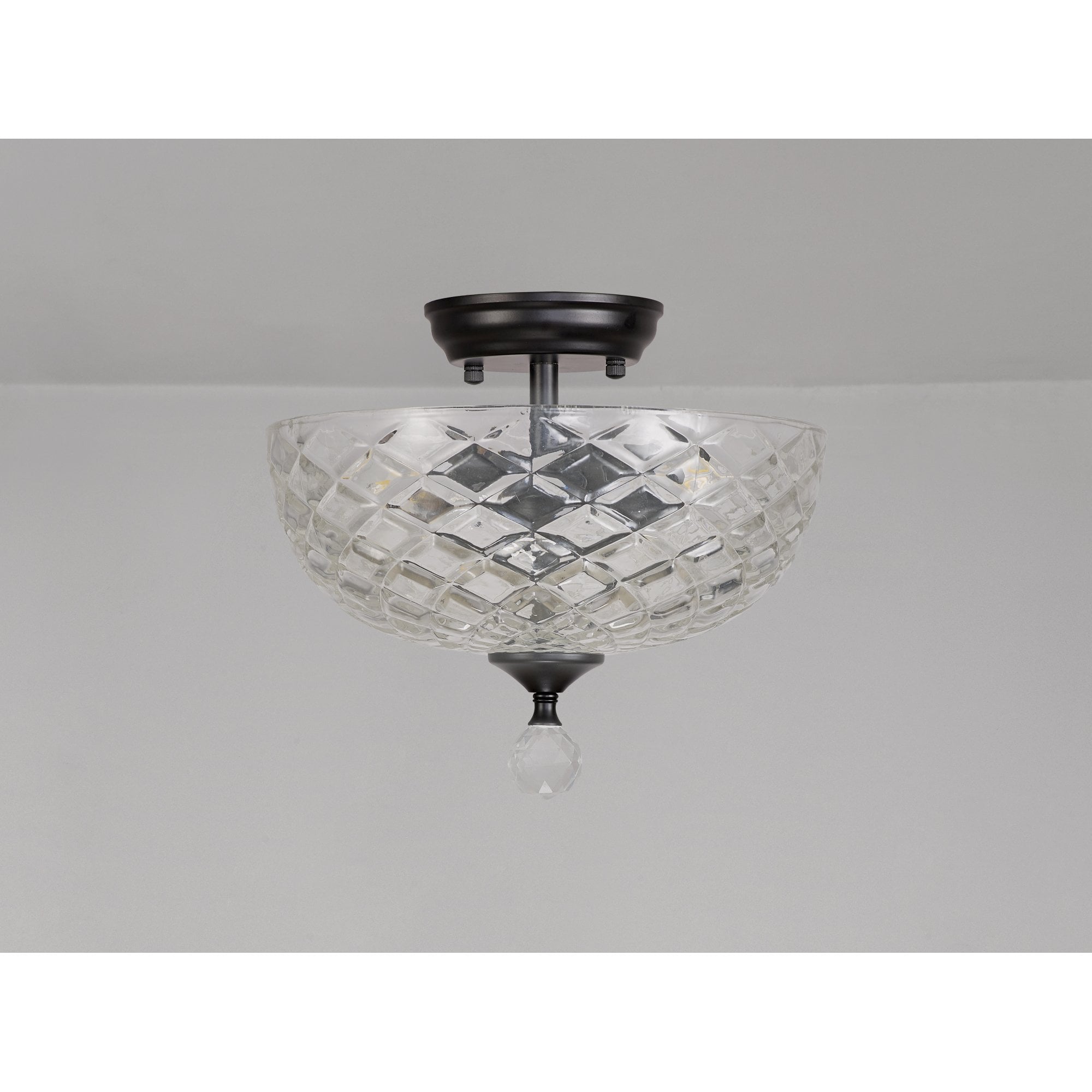 Fabula Mansfield 2 Light Semi-Flush Light - 30cm Flat Round Patterned Glass Shade - Matt Black & Clear Glass