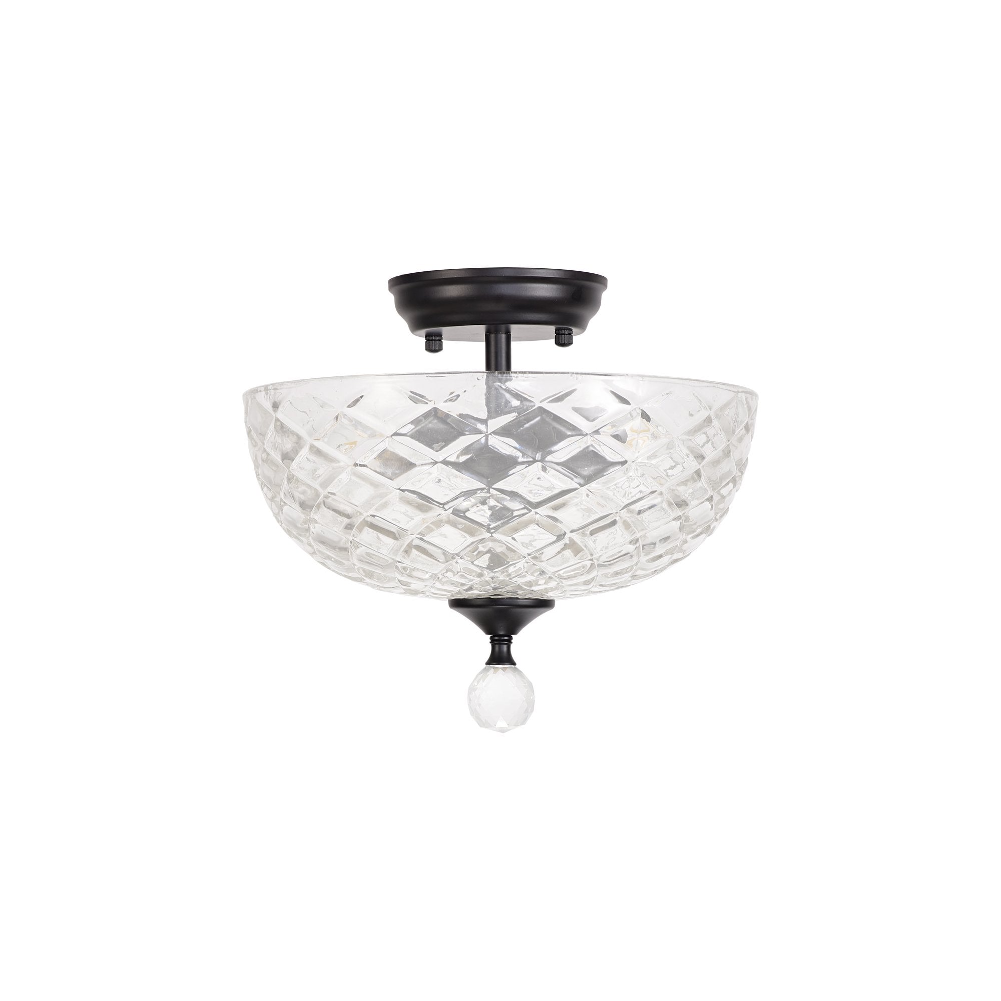 Fabula Mansfield 2 Light Semi-Flush Light - 30cm Flat Round Patterned Glass Shade - Matt Black & Clear Glass