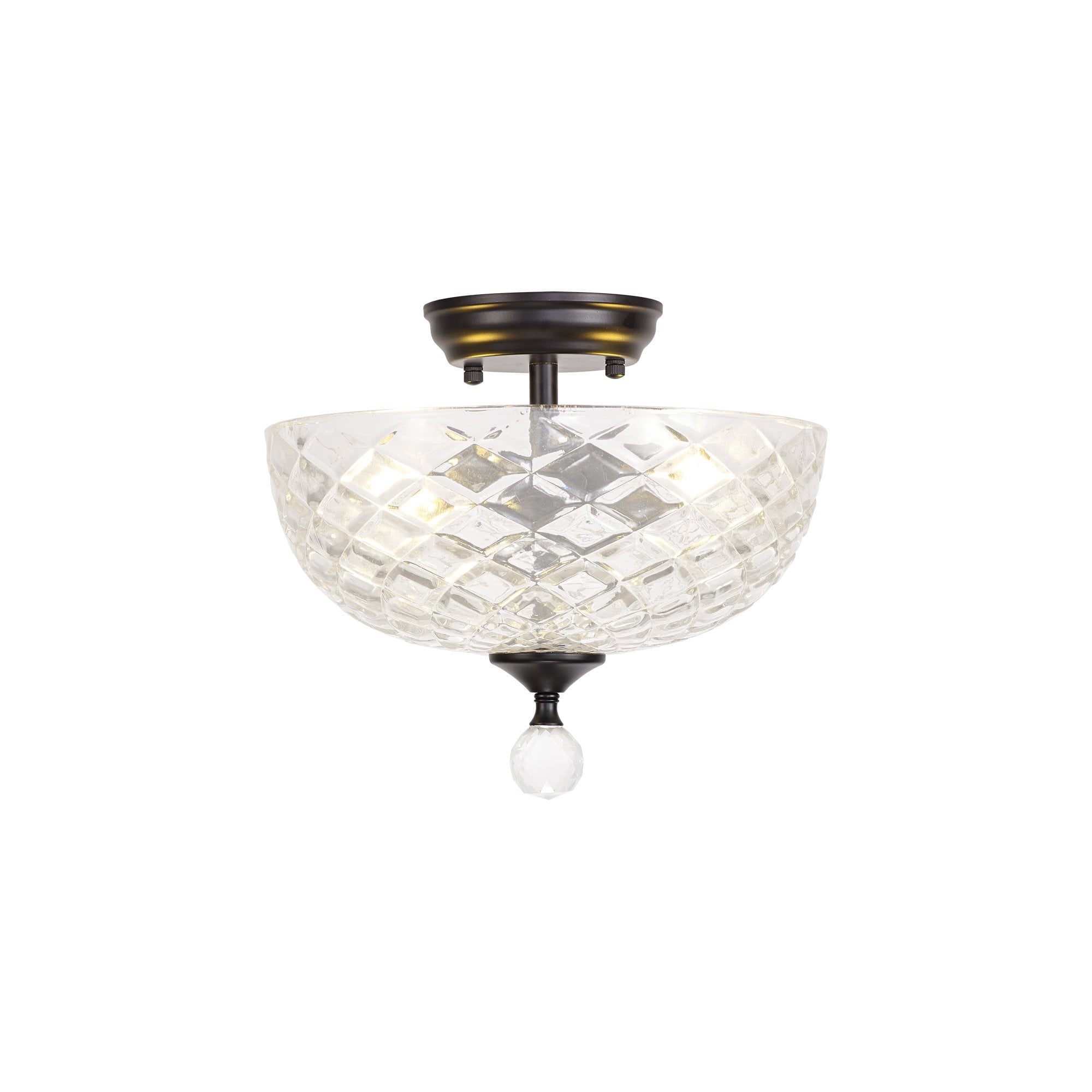 Fabula Mansfield 2 Light Semi-Flush Light - 30cm Flat Round Patterned Glass Shade - Matt Black & Clear Glass