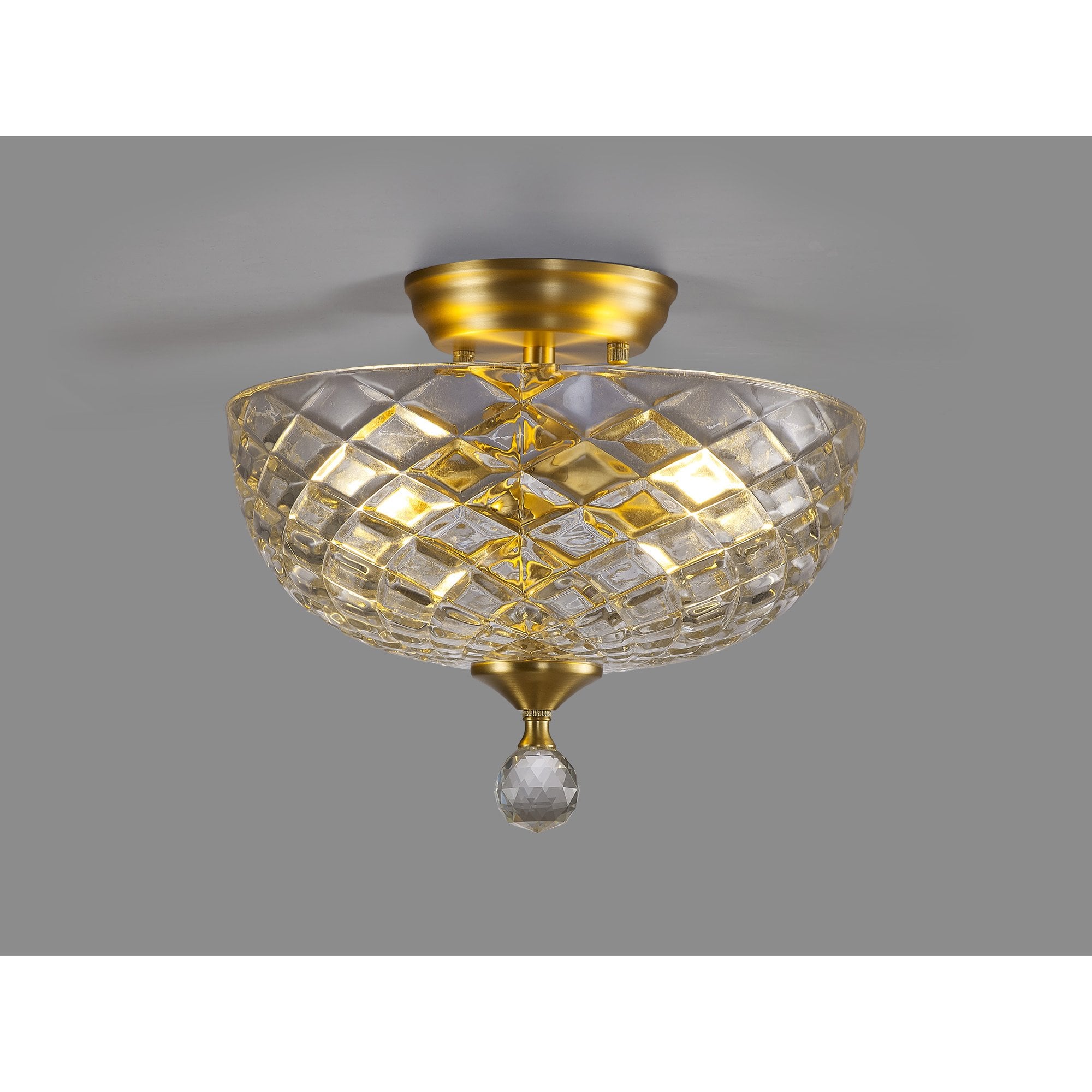 Fabula Mansfield 2 Light Semi-Flush Light - 30cm Flat Round Patterned Glass Shade - Satin Gold & Clear Glass