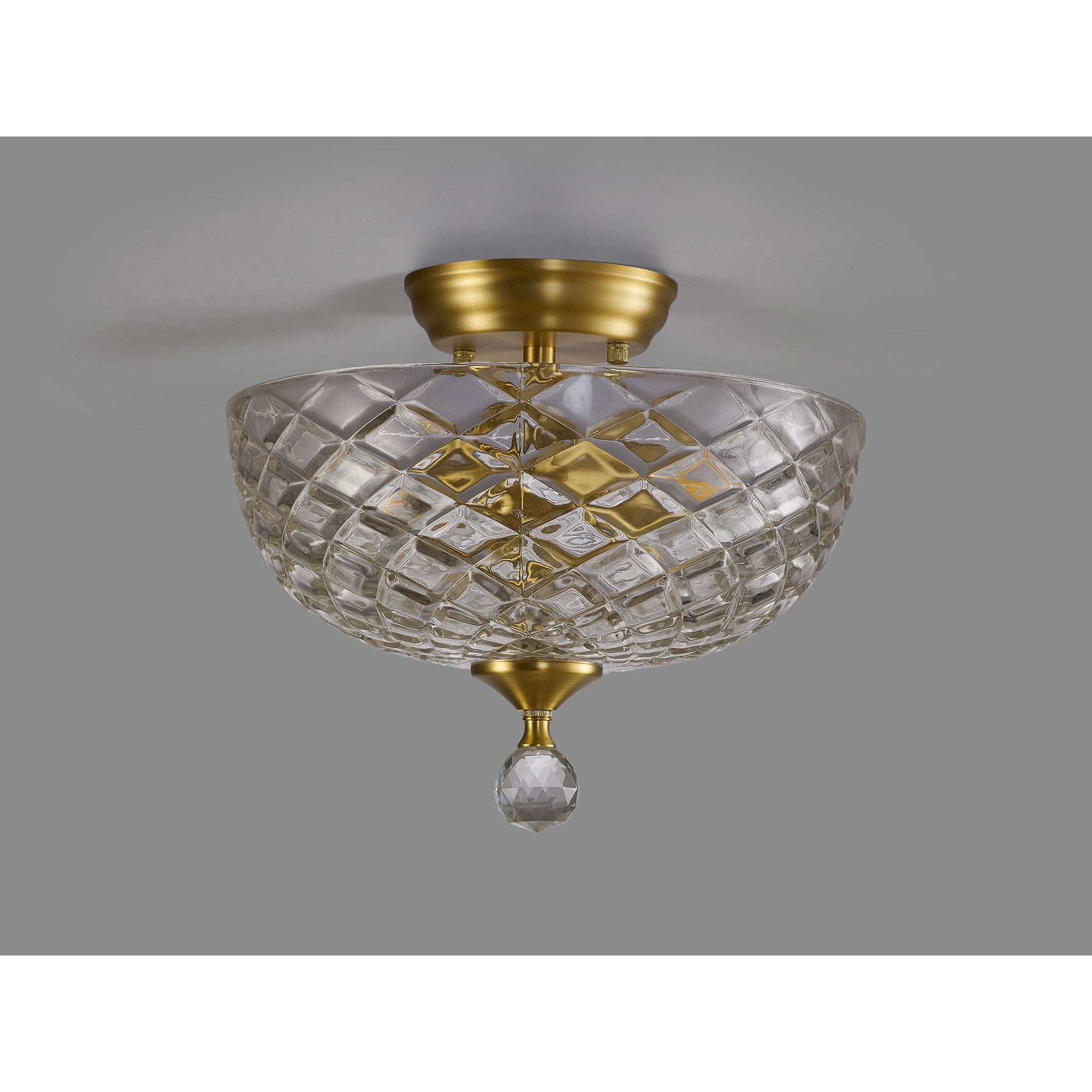 Fabula Mansfield 2 Light Semi-Flush Light - 30cm Flat Round Patterned Glass Shade - Satin Gold & Clear Glass