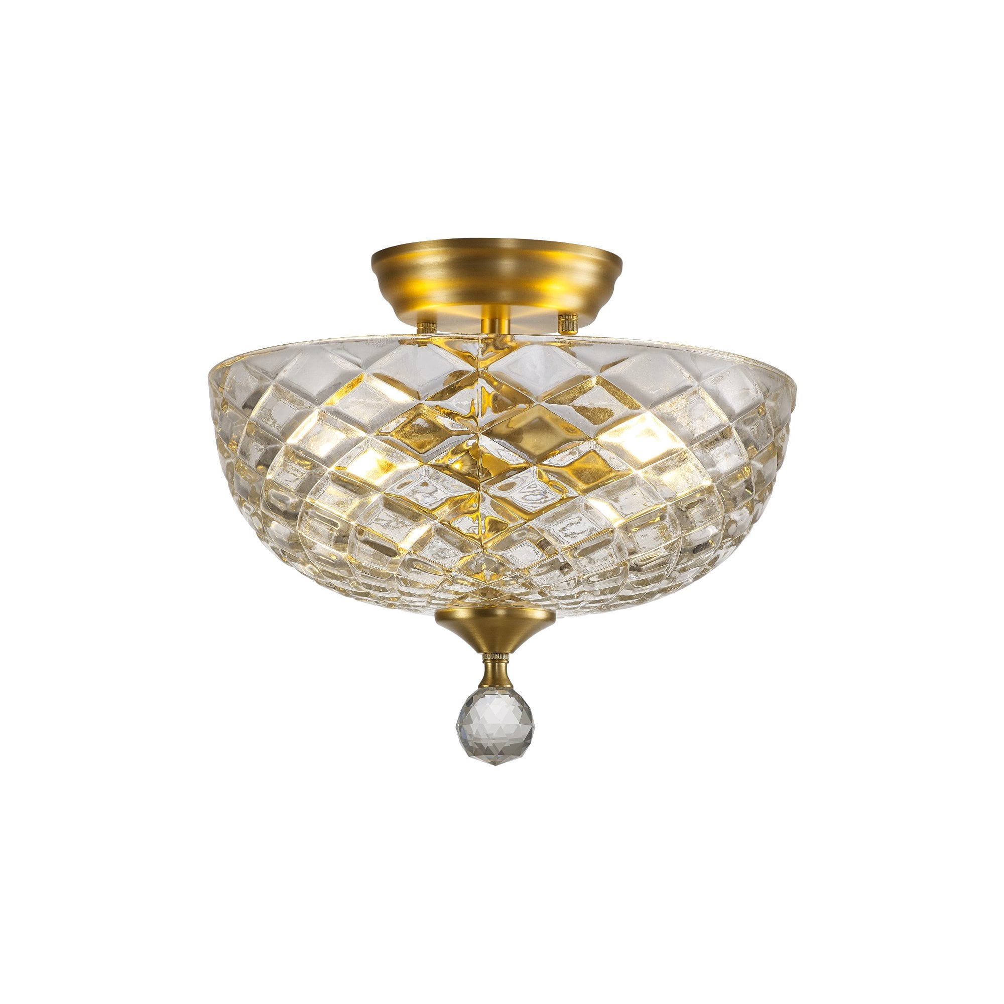 Fabula Mansfield 2 Light Semi-Flush Light - 30cm Flat Round Patterned Glass Shade - Satin Gold & Clear Glass