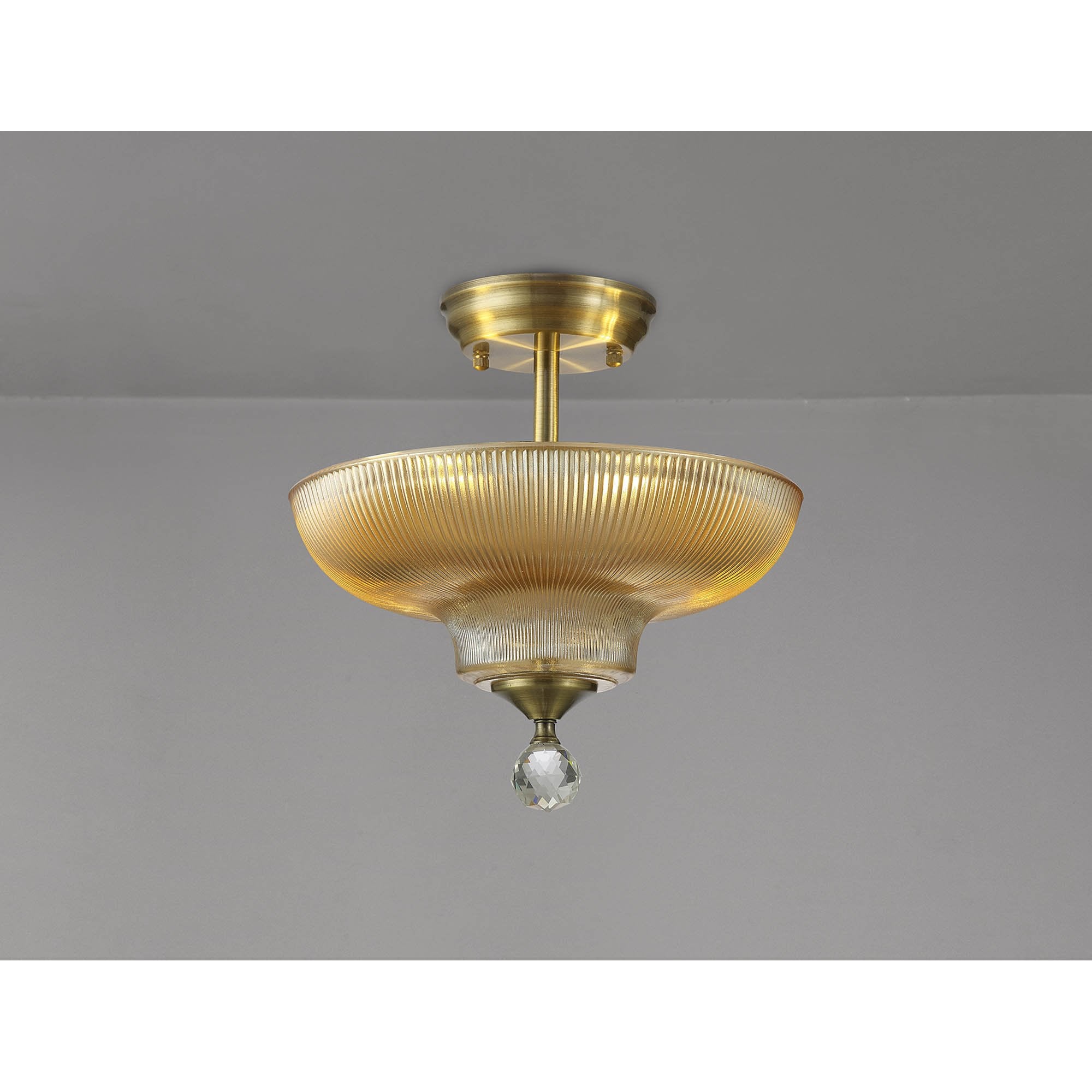 Fabula Mansfield 2 Light Semi-Flush Light - 30cm Round Glass Shade - Antique Brass & Amber Glass