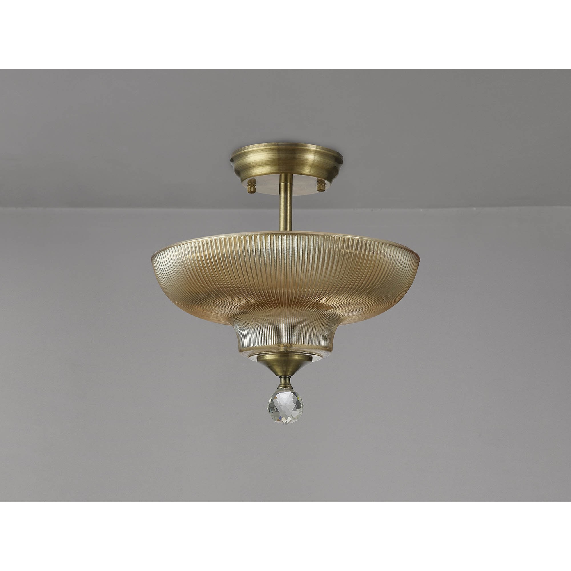 Fabula Mansfield 2 Light Semi-Flush Light - 30cm Round Glass Shade - Antique Brass & Amber Glass