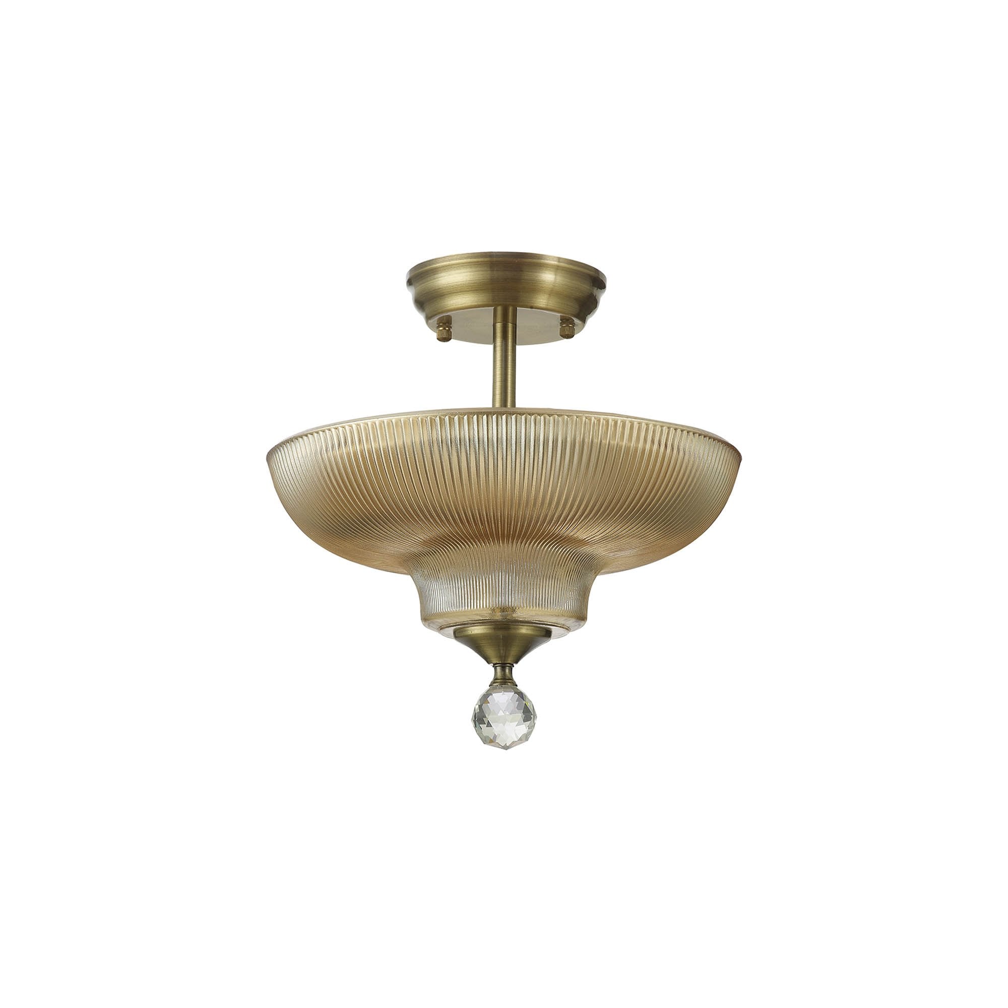 Fabula Mansfield 2 Light Semi-Flush Light - 30cm Round Glass Shade - Antique Brass & Amber Glass