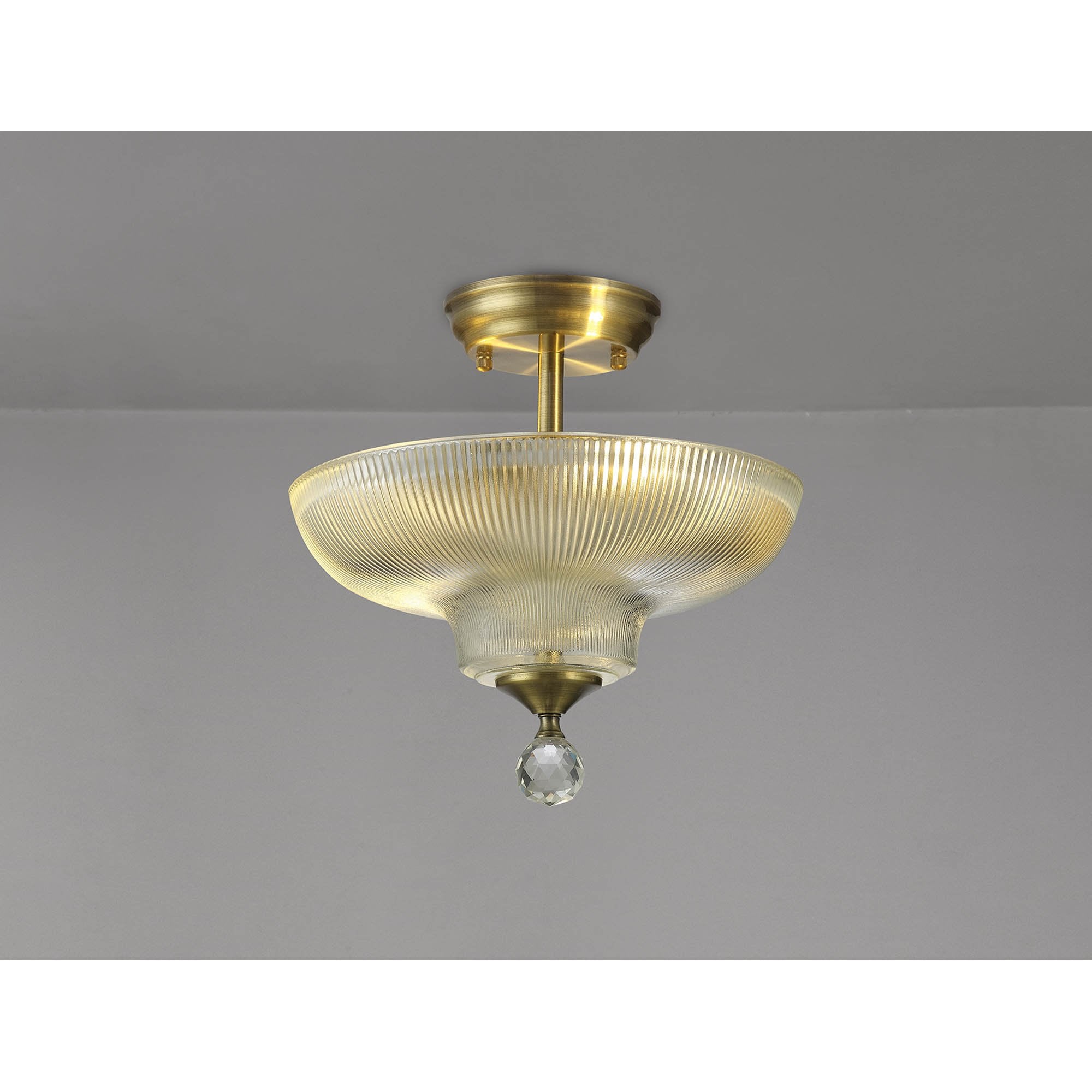 Fabula Mansfield 2 Light Semi-Flush Light - 30cm Round Glass Shade - Antique Brass & Clear Glass