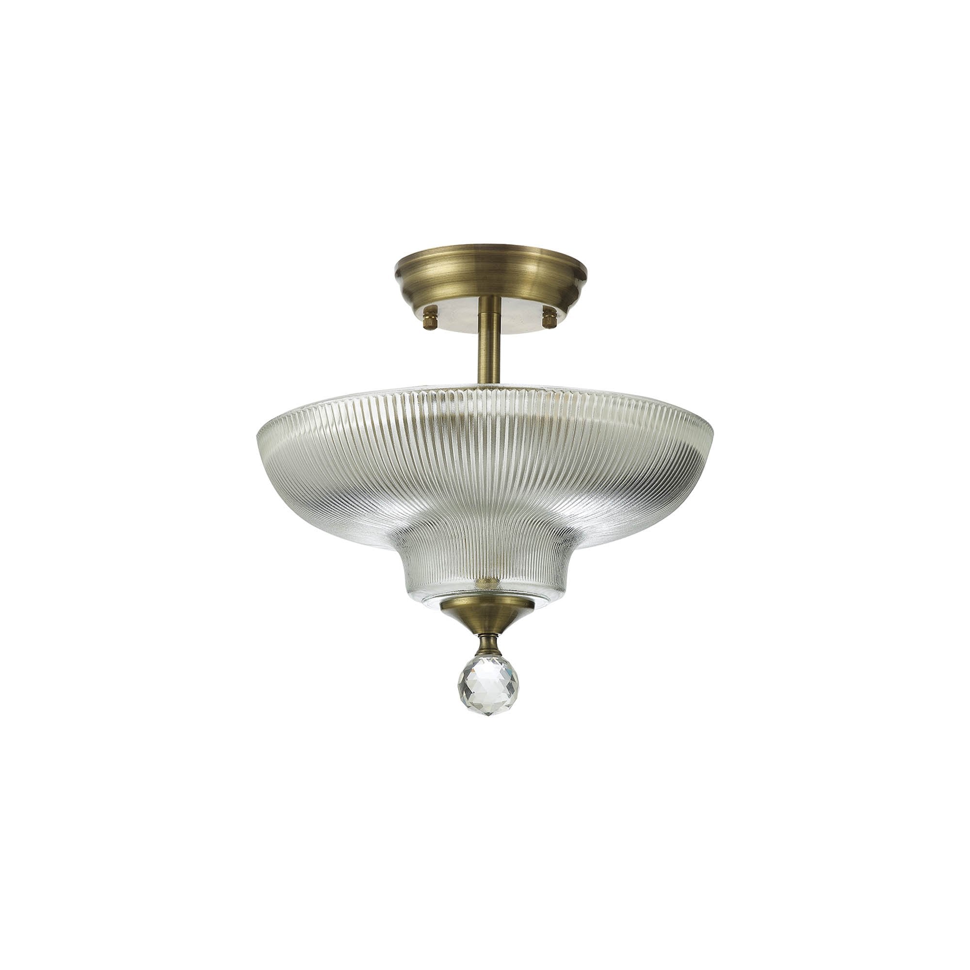 Fabula Mansfield 2 Light Semi-Flush Light - 30cm Round Glass Shade - Antique Brass & Clear Glass