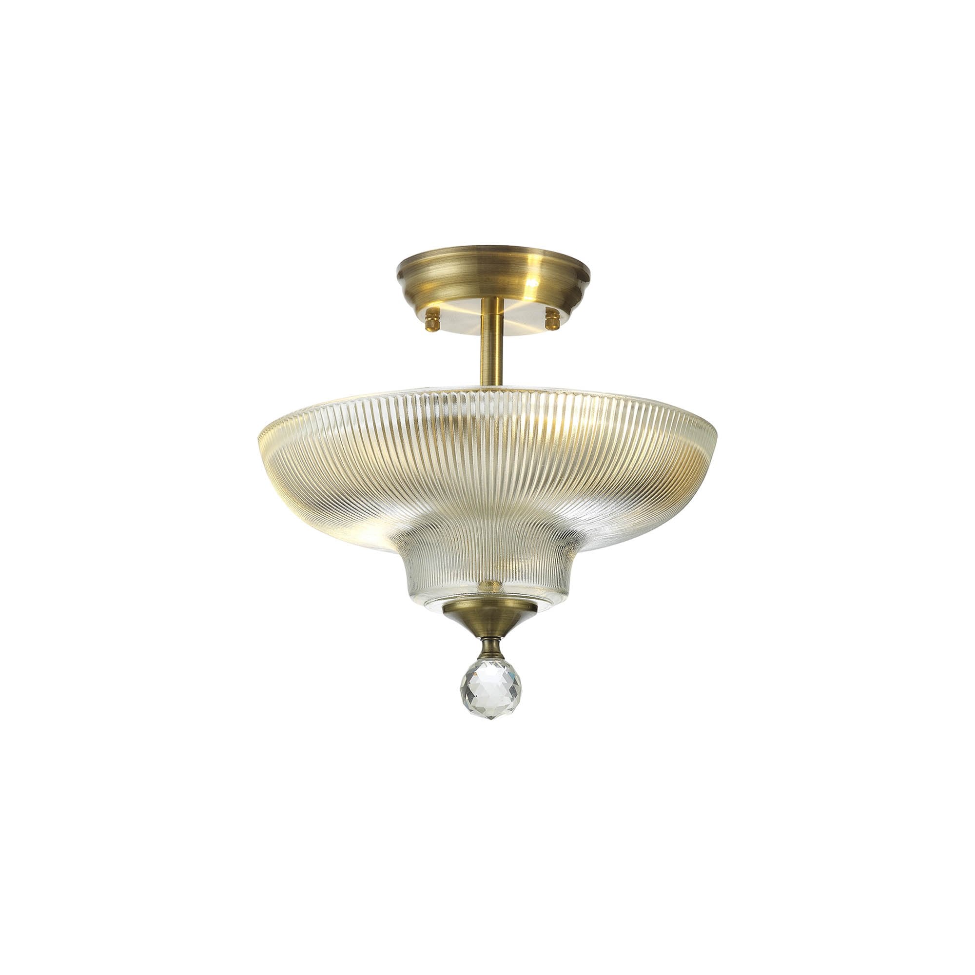 Fabula Mansfield 2 Light Semi-Flush Light - 30cm Round Glass Shade - Antique Brass & Clear Glass