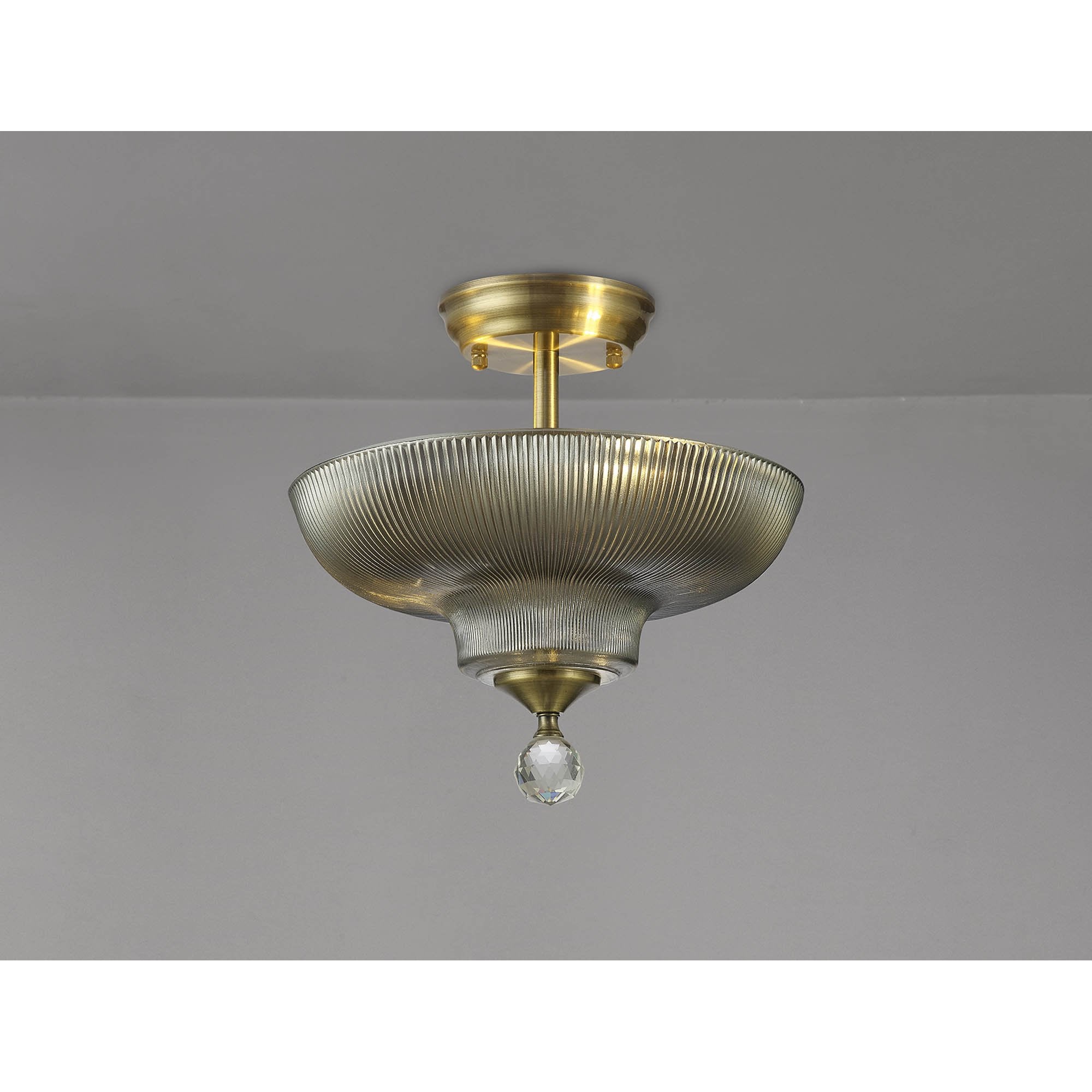 Fabula Mansfield 2 Light Semi-Flush Light - 30cm Round Glass Shade - Antique Brass & Smoked Glass