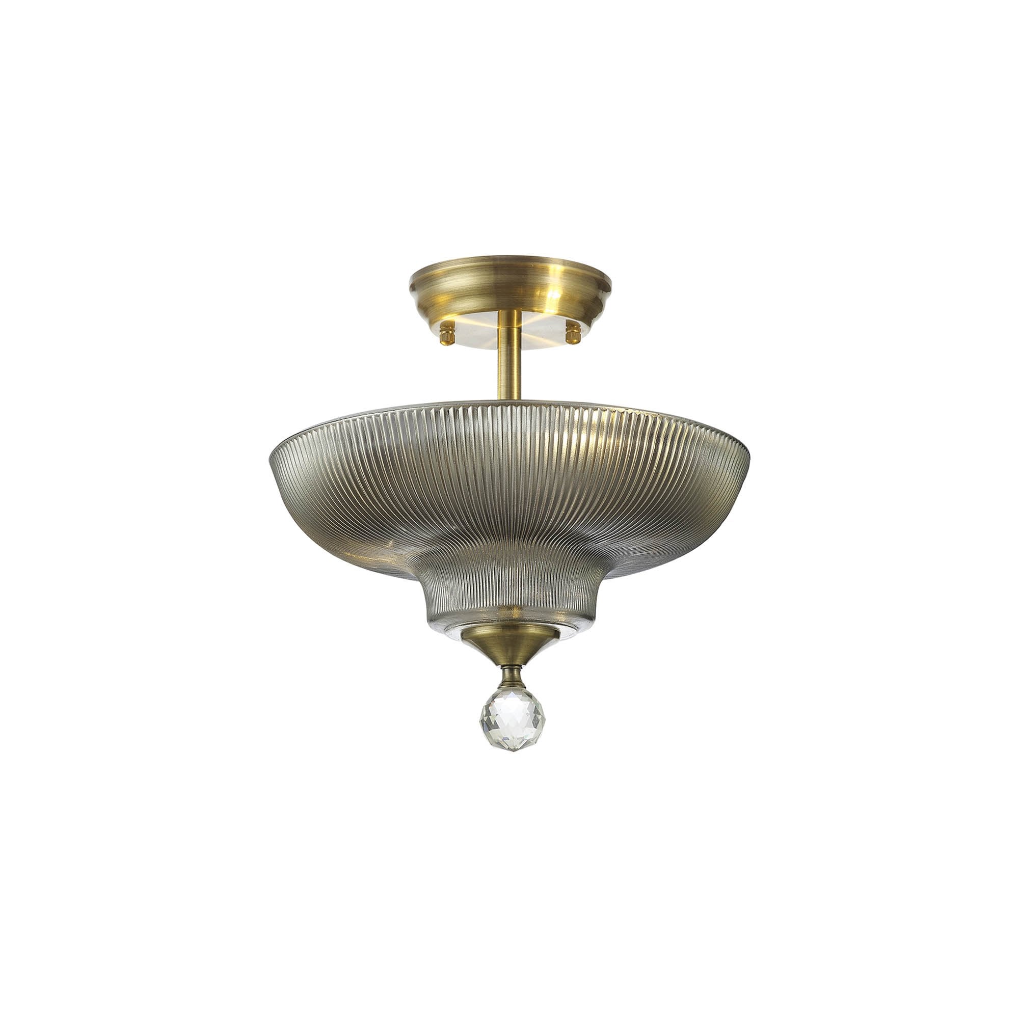 Fabula Mansfield 2 Light Semi-Flush Light - 30cm Round Glass Shade - Antique Brass & Smoked Glass