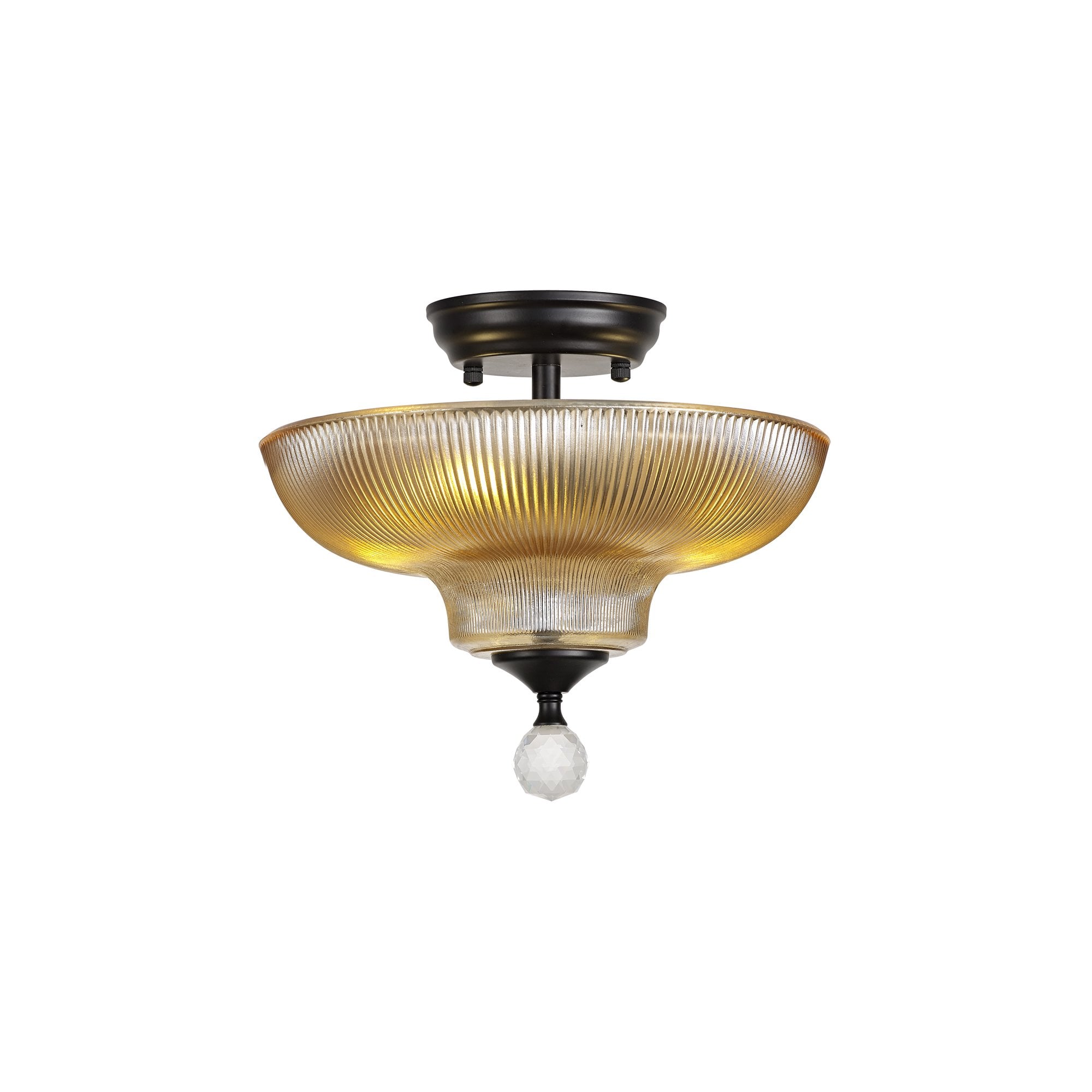 Fabula Mansfield 2 Light Semi-Flush Light - 30cm Round Glass Shade - Matt Black & Amber Glass