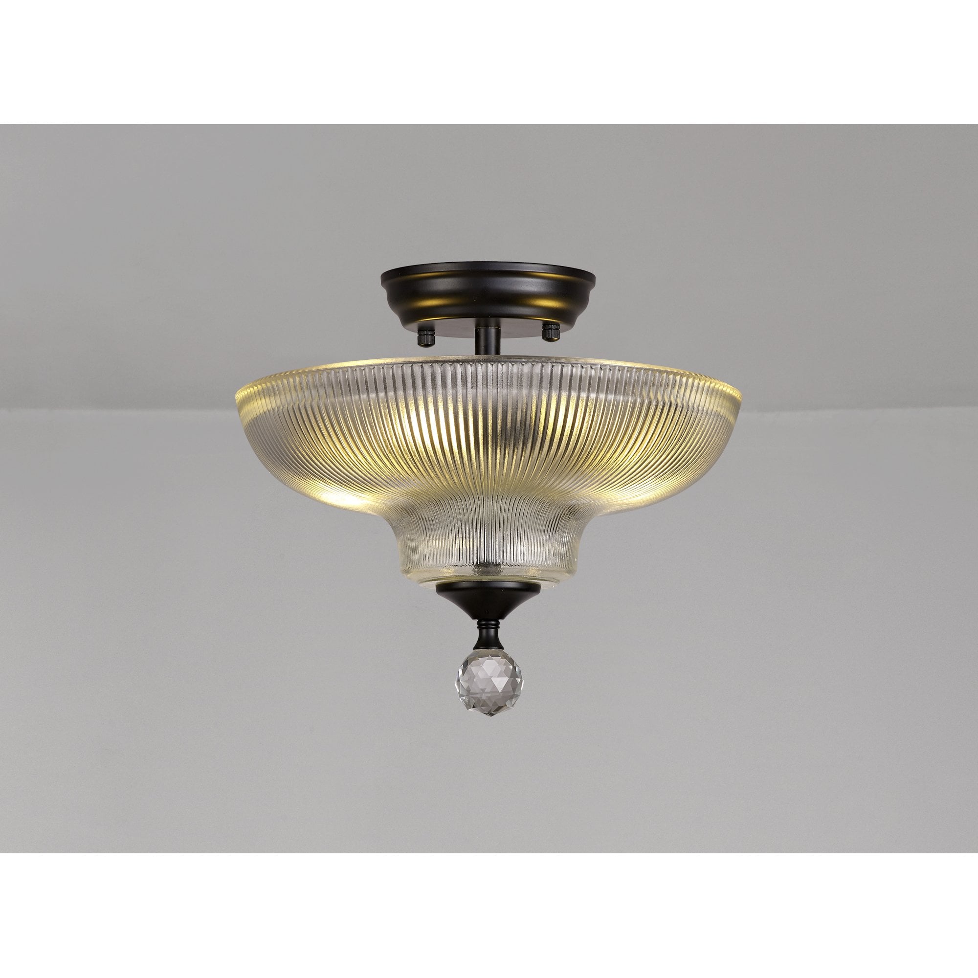 Fabula Mansfield 2 Light Semi-Flush Light - 30cm Round Glass Shade - Matt Black & Clear Glass