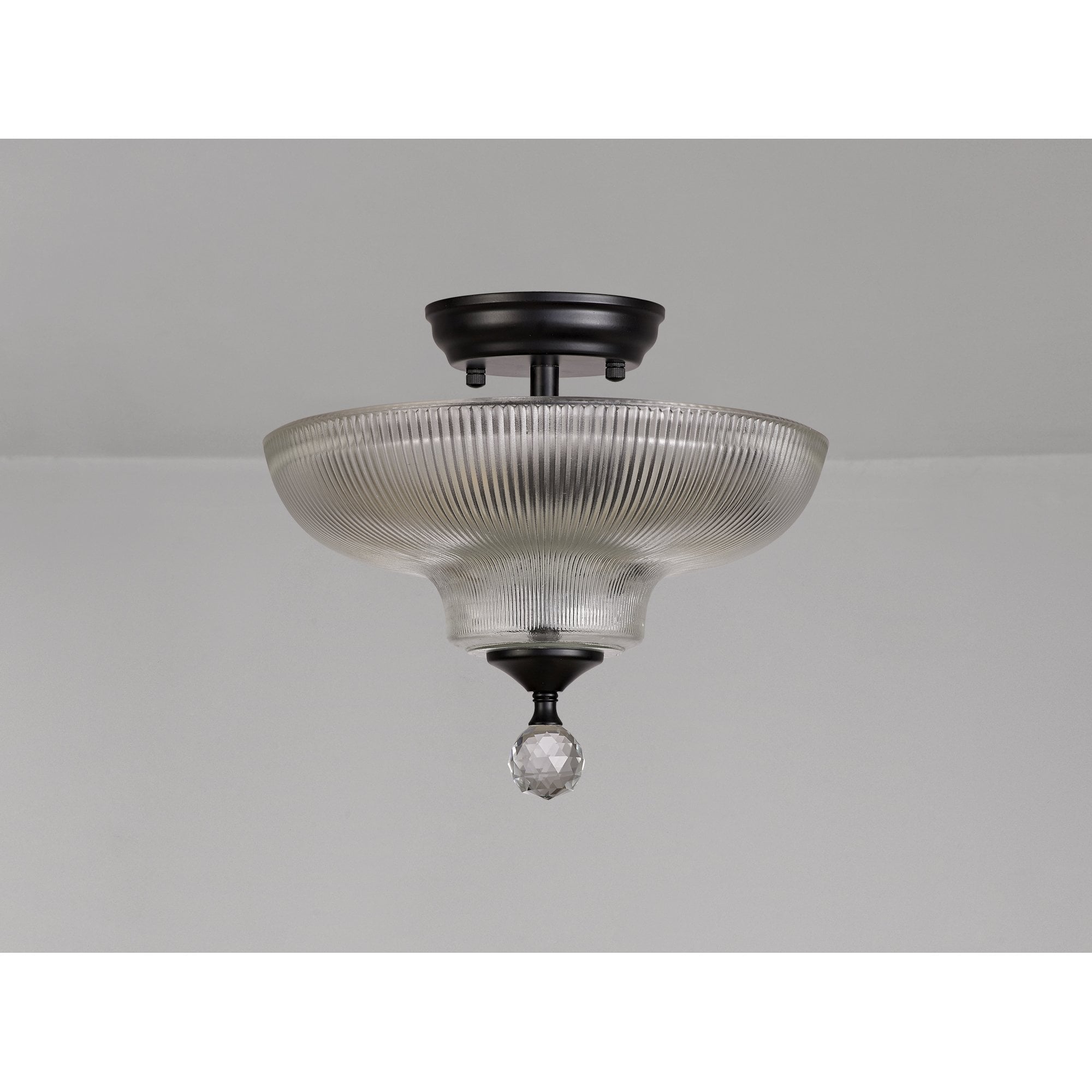 Fabula Mansfield 2 Light Semi-Flush Light - 30cm Round Glass Shade - Matt Black & Clear Glass