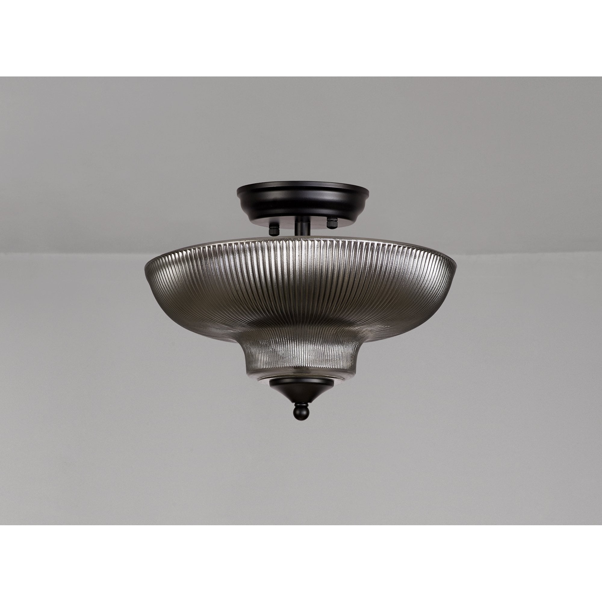 Fabula Mansfield 2 Light Semi-Flush Light - 30cm Round Glass Shade - Matt Black & Smoked Glass