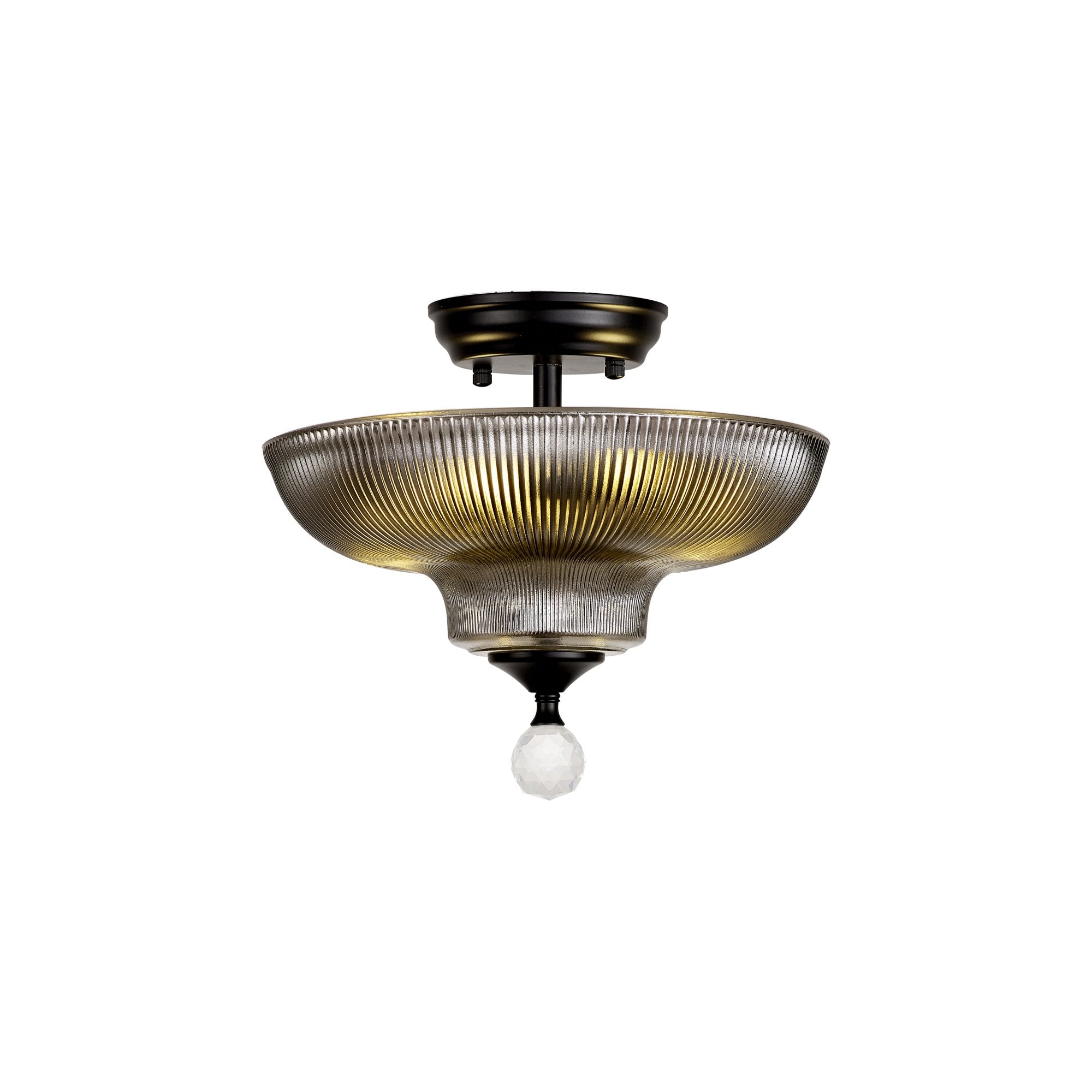 Fabula Mansfield 2 Light Semi-Flush Light - 30cm Round Glass Shade - Matt Black & Smoked Glass