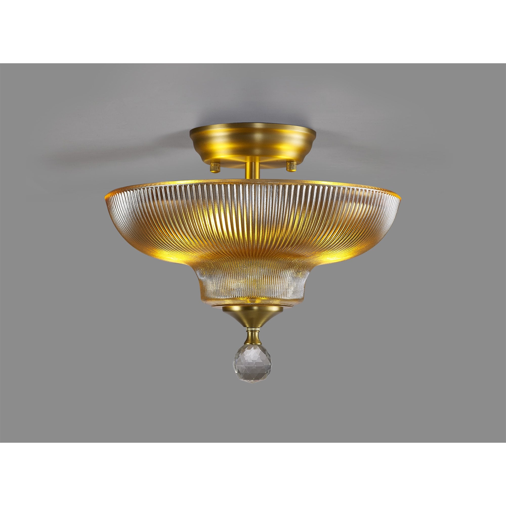 Fabula Mansfield 2 Light Semi-Flush Light - 30cm Round Glass Shade - Satin Gold & Amber Glass