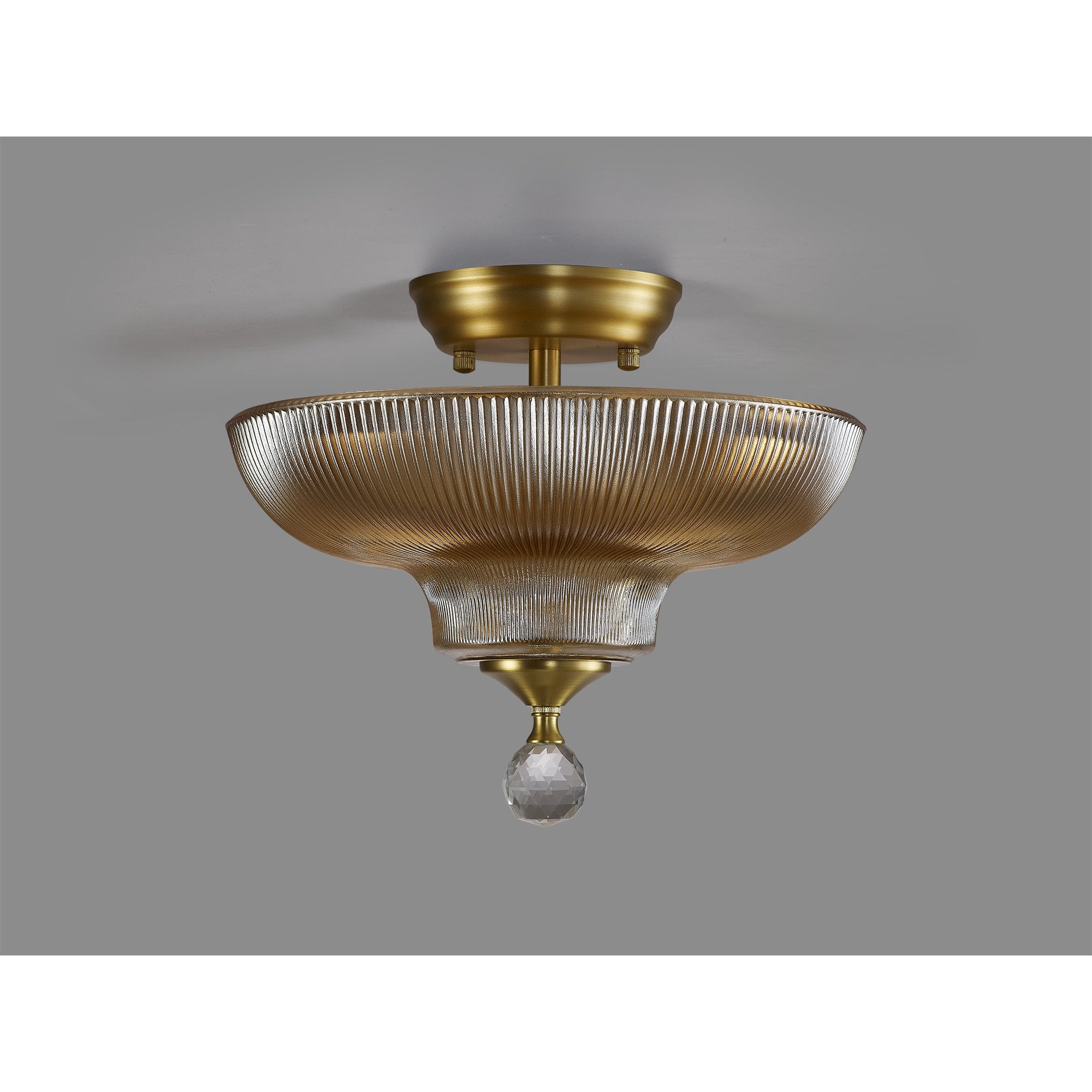 Fabula Mansfield 2 Light Semi-Flush Light - 30cm Round Glass Shade - Satin Gold & Amber Glass