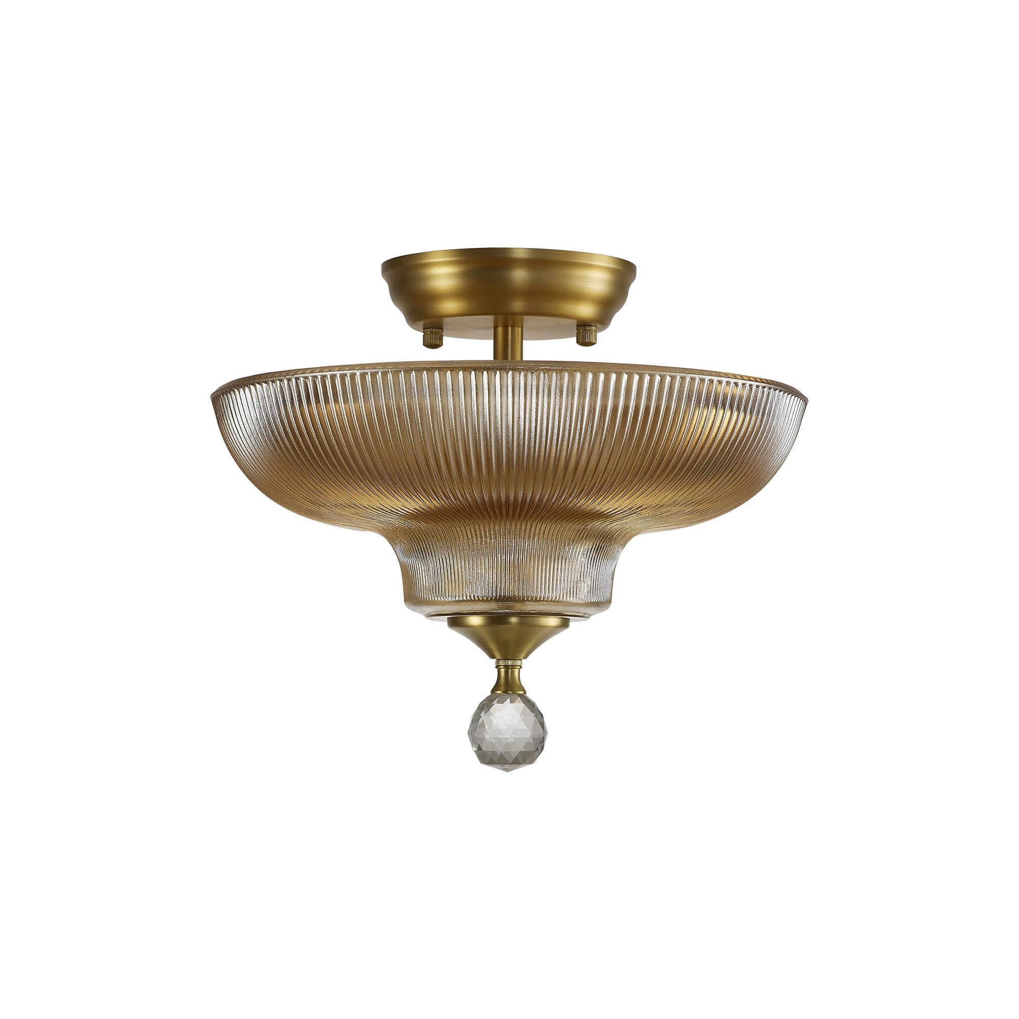 Fabula Mansfield 2 Light Semi-Flush Light - 30cm Round Glass Shade - Satin Gold & Amber Glass