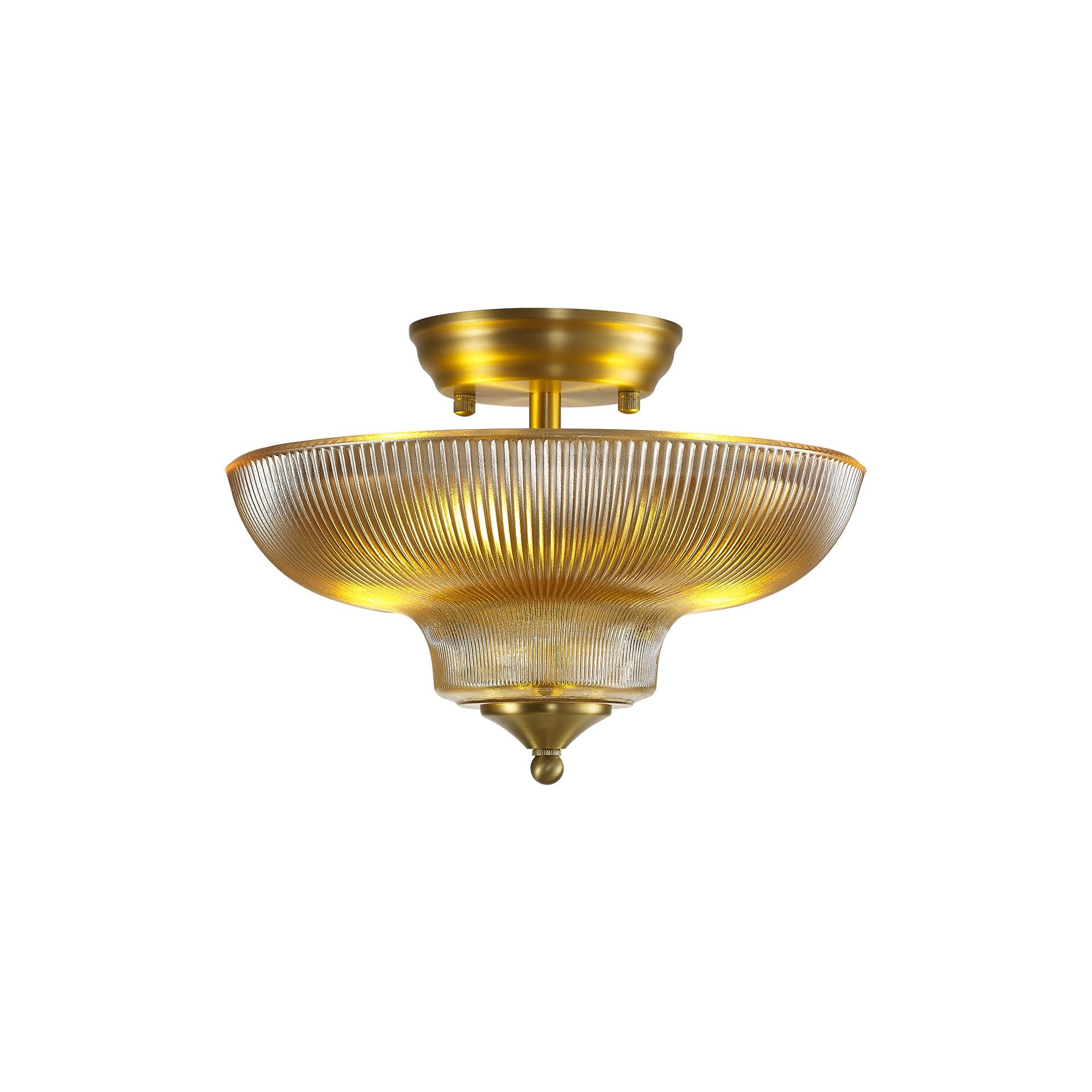 Fabula Mansfield 2 Light Semi-Flush Light - 30cm Round Glass Shade - Satin Gold & Amber Glass